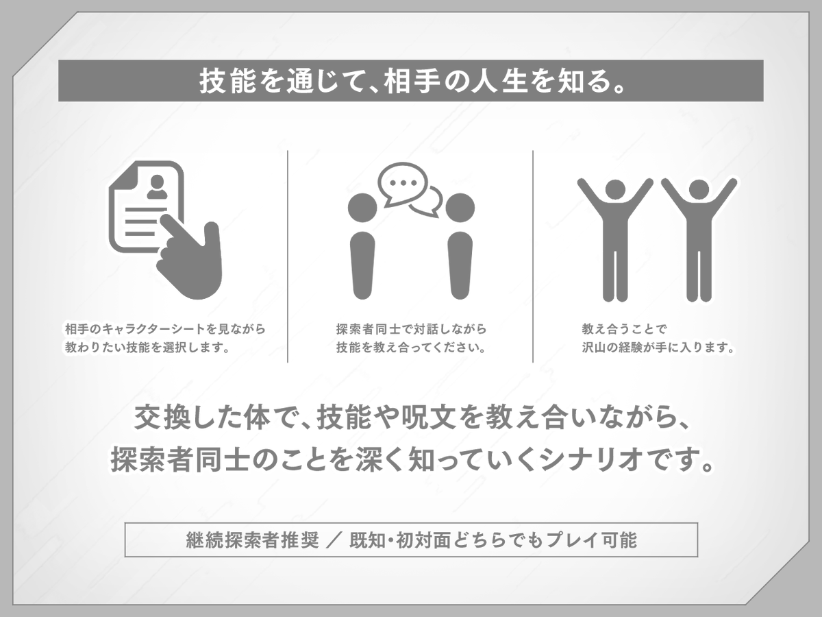 Call_of_Fuchiko's tweet photo. 【CoC6版シナリオ／無料公開】
『交錯交差交感交換』

目を覚ますと、目の前に「自分」がいた。

技能や呪文を教え合いながら、
相手の人生を知っていく2PL白い部屋クローズド。

TALTOにて先行公開中
https://t.co/qzoReETwqh

#クトゥルフ神話TRPG
#交錯交差交感交換 https://t.co/bivOtZrMiR