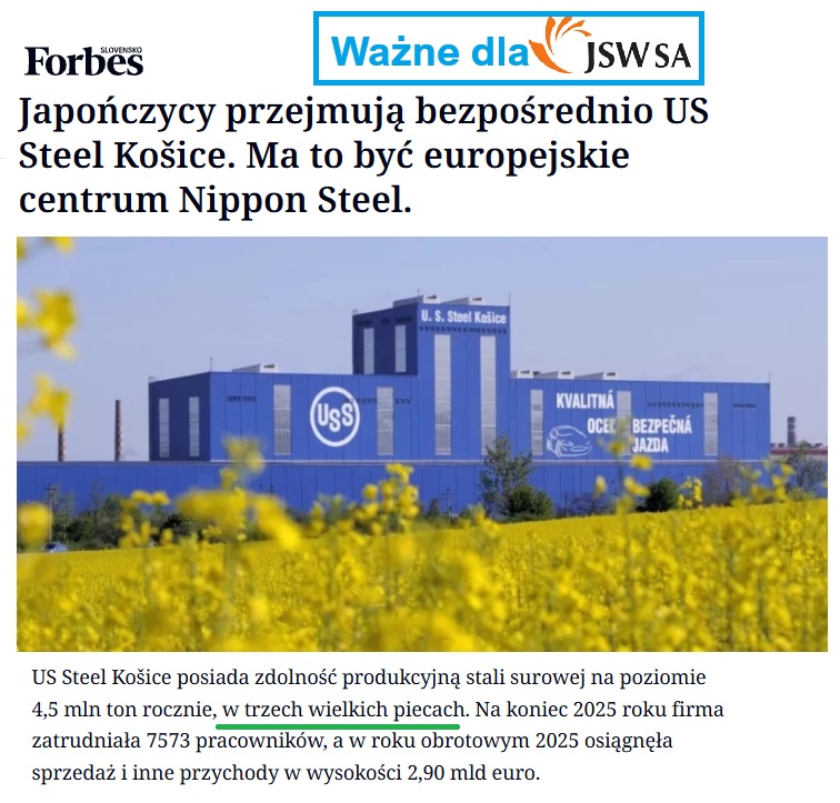 GPW_Trader2022's tweet photo. Dla inwestorów JSW⚒️. Japończycy 🇯🇵 przejmują hutę w Koszycach z 3 wielkimi piecami 🏭na koks w dniu 1 października. Zobacz linki &co to oznacza👇

1⃣ Do 2026 huty w Koszycach ściągały węgiel koksowy z kopalni w Czechach ( ale te kopalnie zamknięto), następnie importowali z Australii. 
2⃣ Aktualnie koszt importu drogą morską to 83$ za tonę. Natomiast Japończycy w strategii mają opieranie się na surowcach najbliżej miejsca produkcji. Kopalnie JSW⚒️ są oddalone o 200km w lini prostej od hut.
3⃣ Japończycy w analizie SWOT podkreślali, że dostawy z JSW (Śląsk) to jeden z najkrótszych i najtańszych łańcuchów logistycznych w Europie.
4⃣ Japończycy rozważają przełożenie budowy pieca łukowego na prad o kilka lat.
5⃣ Pojawiają się spekulacje, że to Japończycy mieliby być stroną która miałaby zapewnić finansowanie komercyjne dla JSW. Tego jednak dowiemy się wkrótce.

🥇Analiza JSW i odkupu shorta sprzed kilku dni, dziś już  6 950 000 akcji mają do odkupienia:
https://t.co/gdCi9WJyPQ
🥈Grafika analiza ZA🟢 i PRZECIW 🔴
https://t.co/b6xTUtrxWR
🥉Huty Koszyce Forbes
https://t.co/gXrClSdXSJ
IV. Analiza Żabki 🐸 sprzed 1h
https://t.co/o5PZm66tAG