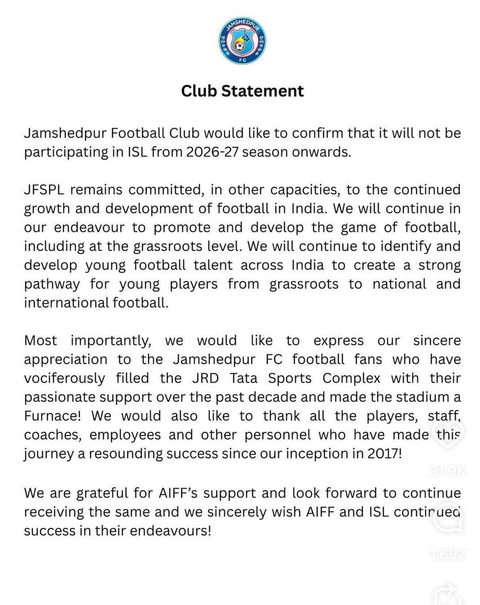 kaartikfooty's tweet photo. ๐ฎ๐ณ Sunil Chhetri pidiรณ al Grupo Tata que reconsidere el cierre de Jamshedpur FC, advirtiendo que serรญa un duro golpe para el fรบtbol indio. #JamshedpurFC #SaveJamshedpurFC #TheRedMiners #MenOfSteel #IndianFootball #ISL #IndianSuperLeague #FootballIndia #TataSteel #Jamshedpur https://t.co/6aI7BMgmJ0
