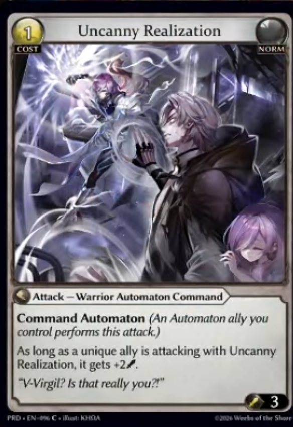 GAFreakJP's tweet photo. .asphodel/paradise 新カード🤖

Command Automaton（あなたがコントロールしているAutomatonのAllyがこのAttackを行う。） 

Unique AllyがUncanny Realizationで攻撃しているかぎり、そのAllyは+2 パワーを得る。

📜PRD情報まとめ
https://t.co/Qqlg5xVceL

#グランドアーカイブ #GrandArchive https://t.co/4mlloHKbI6