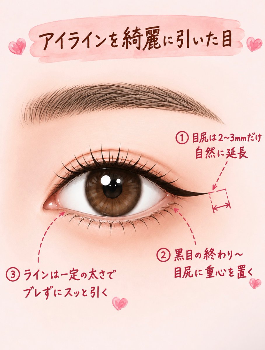 yude_510tama's tweet photo. アイラインで損してる人多すぎ。デカ目のつもりが、ミスってザンネン目。かわいく盛りたきゃ、これ守れ⬇️
ゼッタイだめ
①不自然なハネ上げ(たるみ目立つ)
②目尻ながすぎ(長ければ盛れるは❌)
③下まぶたに近すぎる(にじんで最悪)
④1発描き(ガタガタライン)
デカ目に見せるコツ⬇️ https://t.co/zZd0K1y30J