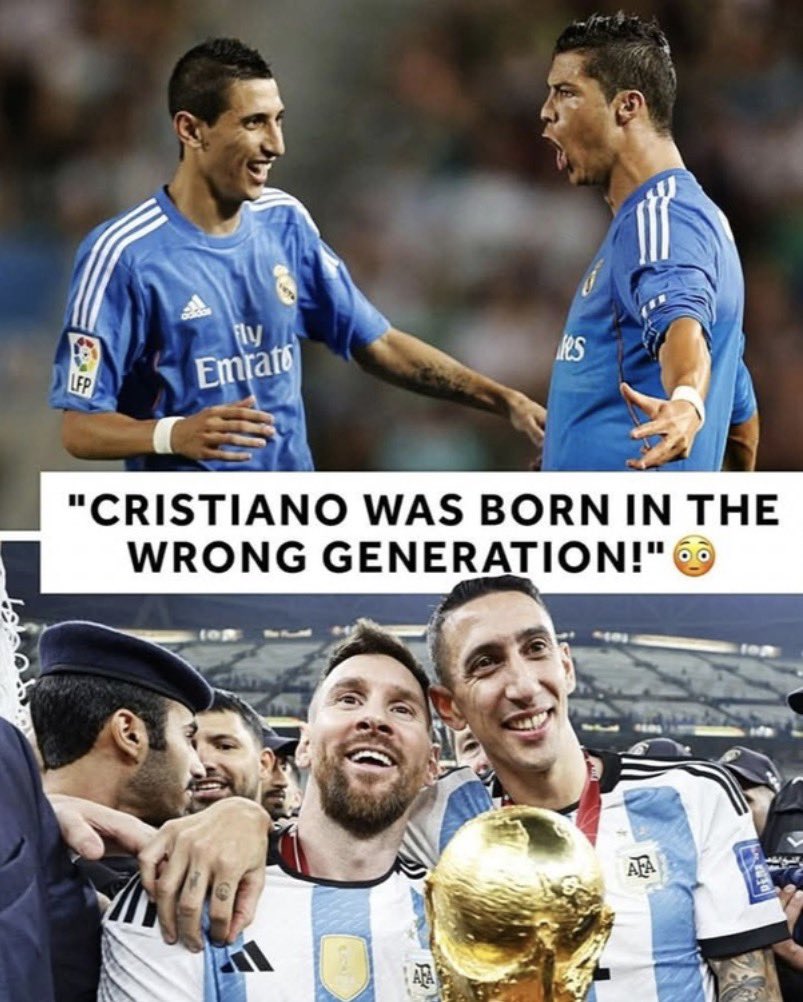 Eni_jjj's tweet photo. Angel Di Maria: "Cristiano calling himself The GOAT? It doesn’t surprise me. He always made those statements.." 
"I played with him at Real Madrid for 4 years. He’s always been like this, striving to be the BEST."
"But unfortunately for him, he was Born in the Wrong generation, because another one was born who was touched by the Magic wand!"
"The final reality is there in the numbers, one has 8 Ballon d’Ors, the other 5, it’s quite a difference. Then there is Messi, who won the World Cup which makes a huge difference, and another 2 Copa América’s as well. There are many differences, many."
"For me there is no doubt, Lionel Messi is the best footballer in history." 🇦🇷🐐
