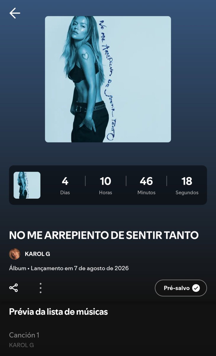 KarolGBRA's tweet photo. AOTY! “NO ME ARREPIENDO DE SENTIR TANTO” possui 14 faixas, incluindo os bops “MATADORA” e “Después de Ti”.

— O pré-save já está disponível na página da Karol G no Spotify. https://t.co/YScZMfACZH