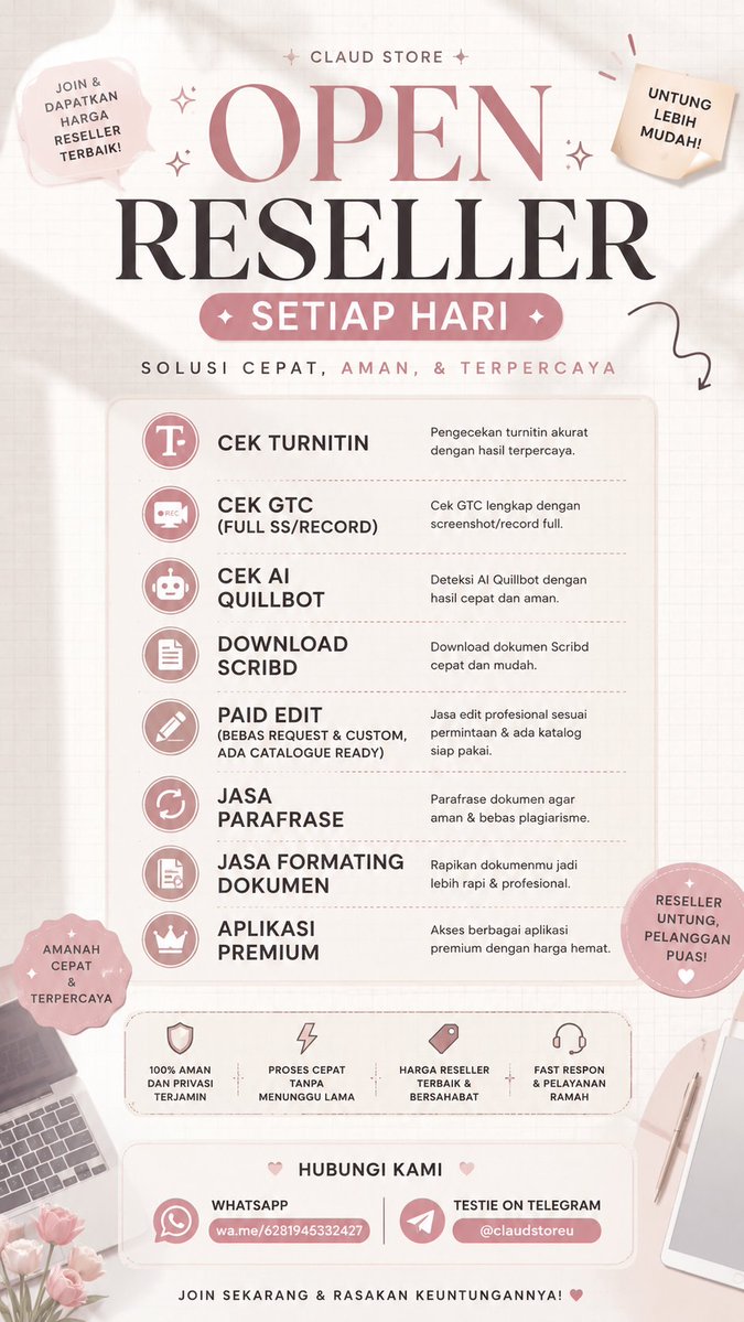 fleusry's tweet photo. OPEN RESELLER SETIAP HARI
- Cek Turnitin
- Cek Gtc (full ss/record)
- Cek AI Quillbot
- Download Scribd
- Paid Edit (bebas request &amp; custom, ada catalogue ready)
- Jasa Parafrase
- Jasa formating dokumen

whatsapp :: 
https://t.co/jCG6ol503U
testie on tele
#zonauang #bealanja https://t.co/7EdeqIJWvn