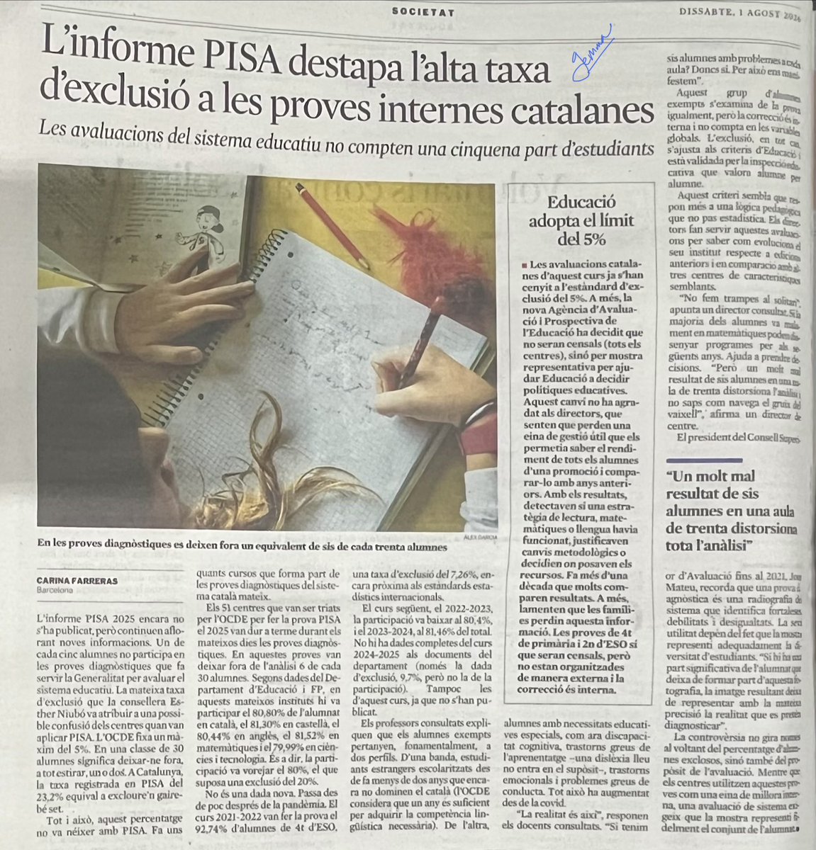 GemmaSecundaria's tweet photo. Un de cada cinc alumnes catalans  no participa de les proves diagnòstiques del Departament per avaluar el sistema educatiu. Els 6 alumnes exempts per aula són nouvinguts de menys de dos anys o amb NEE. El president del CSA considera que la foto final no representa bé la realitat. https://t.co/EMt5ErhmHU