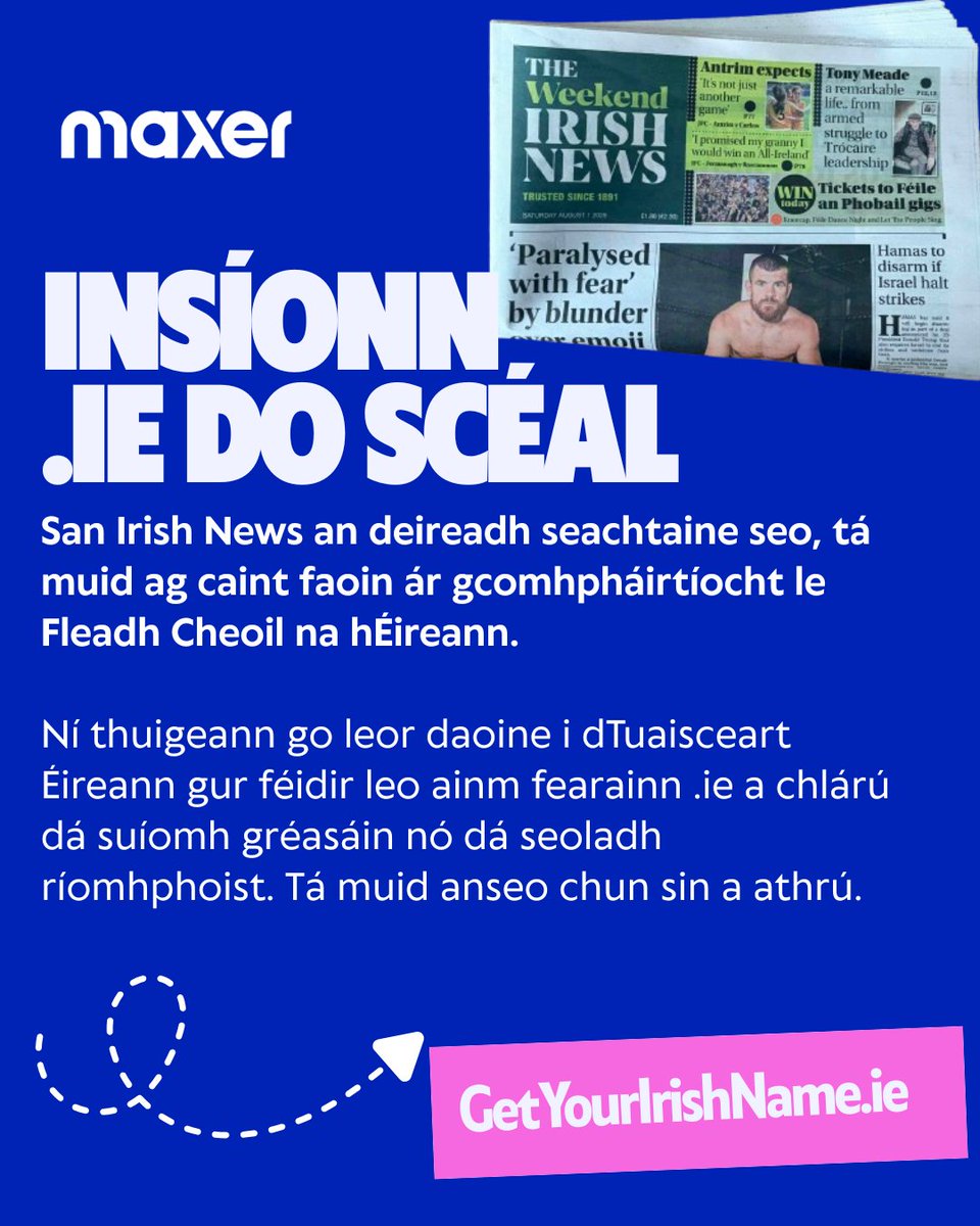 maxerhost's tweet photo. 🗞️ We’re in this weekend’s Irish News! @irish_news
We’re delighted to be featured as Fleadh Cheoil na hÉireann gets underway.

As Official Digital Partner, we’re helping spread the word that people and businesses in NI can register a .ie, the domain for the island of Ireland.☘️ https://t.co/NlB2G8rdYr