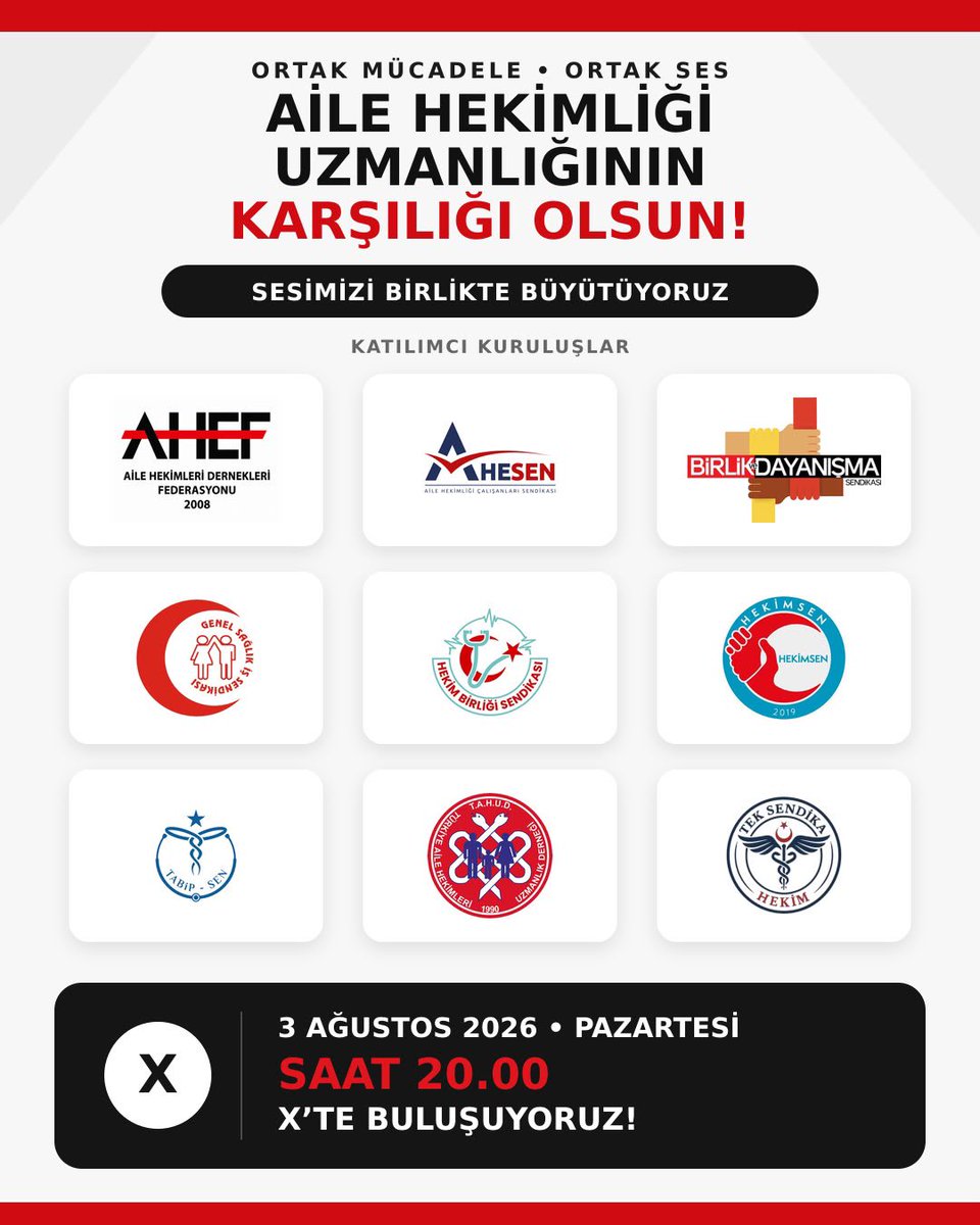 AHEF2008's tweet photo. AİLE HEKİMLİĞİ UZMANLIĞININ KARŞILIĞI OLSUN!

🗓 3 Ağustos 2026 Pazartesi
🕗 Saat 20.00
📍 X platformu

AHEF, AHESEN, Birlik ve Dayanışma Sendikası, Genel Sağlık-İş, Hekim Birliği, Hekimsen, Tabip-Sen, TAHUD ve TEK Sendika olarak aynı talep etrafında buluşuyoruz. https://t.co/bQE6R25lQl