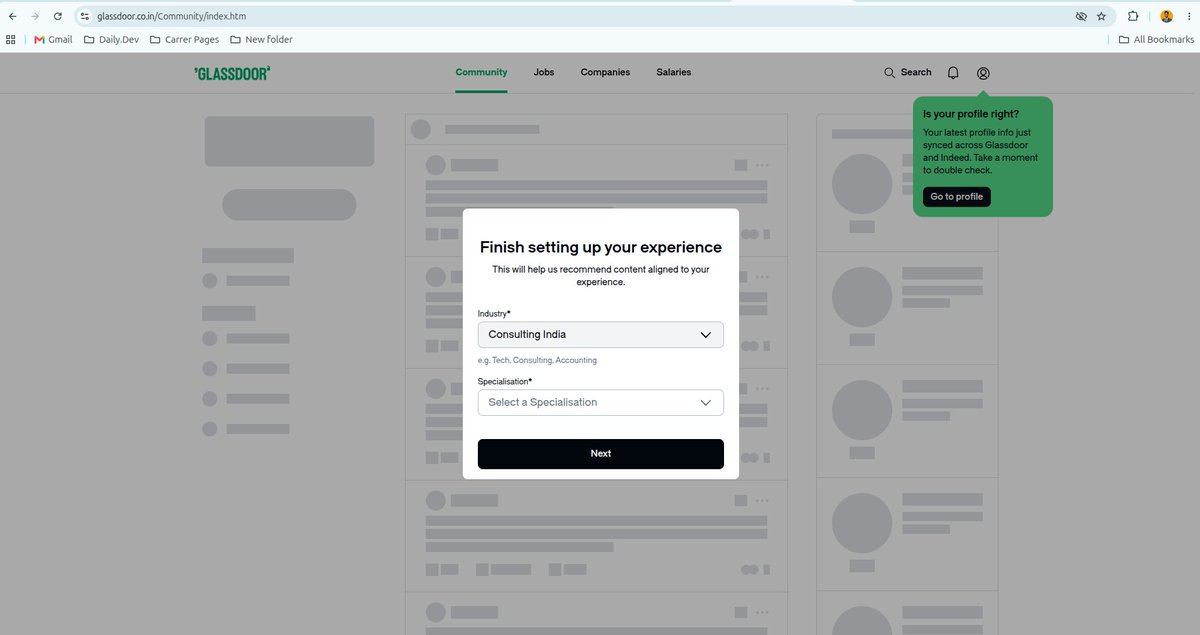drona_l's tweet photo. Hello @Glassdoor Team,

I am facing an issue on the Glassdoor Community page where the "Finish setting up your experience" popup does not disappear, making the site difficult to use.

Issue Details:

I selected the required options in the popup (Industry and Specialisation). https://t.co/T6kQkwZ0a6