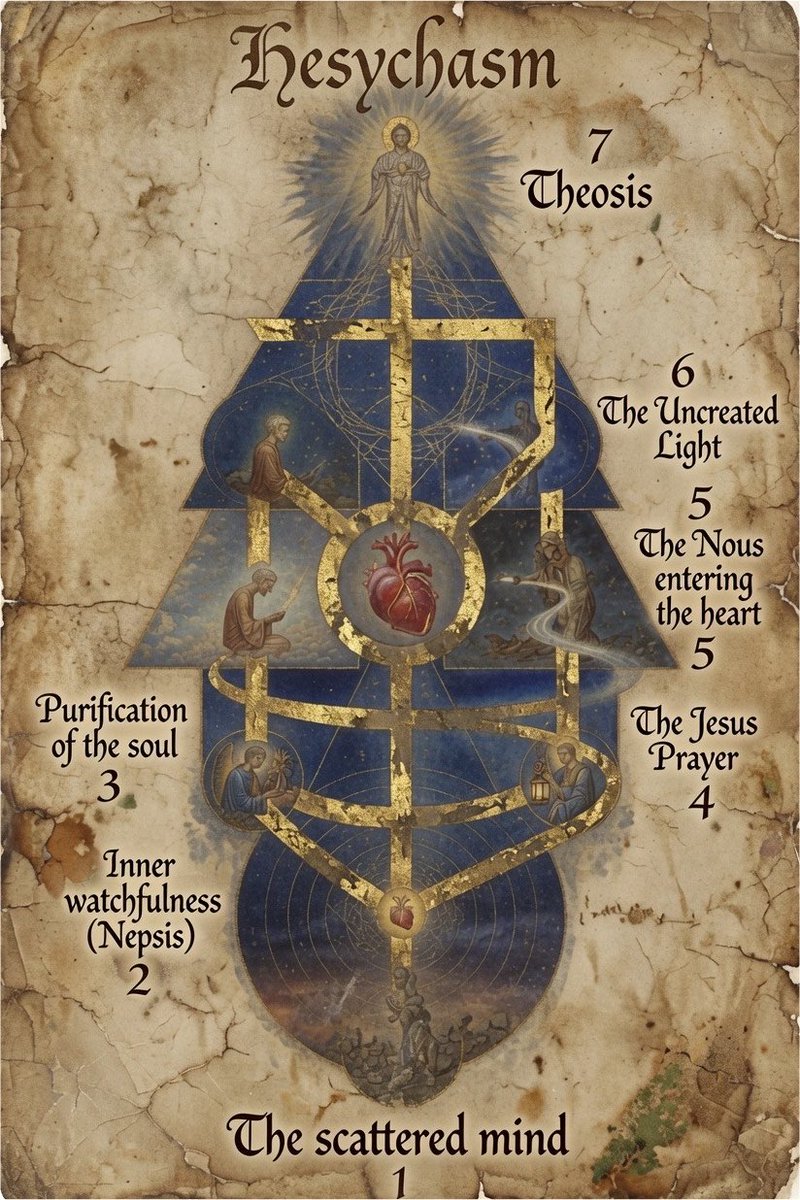AtlasOfWisdom's tweet photo. A forgotten branch of Christianity believed your thoughts could decide your destiny long before your actions ever did. It built an entire system for watching the mind, resisting inner deception and experiencing God directly. It's called Hesychasm.
🧵👇 https://t.co/VXlgVpp8Eh