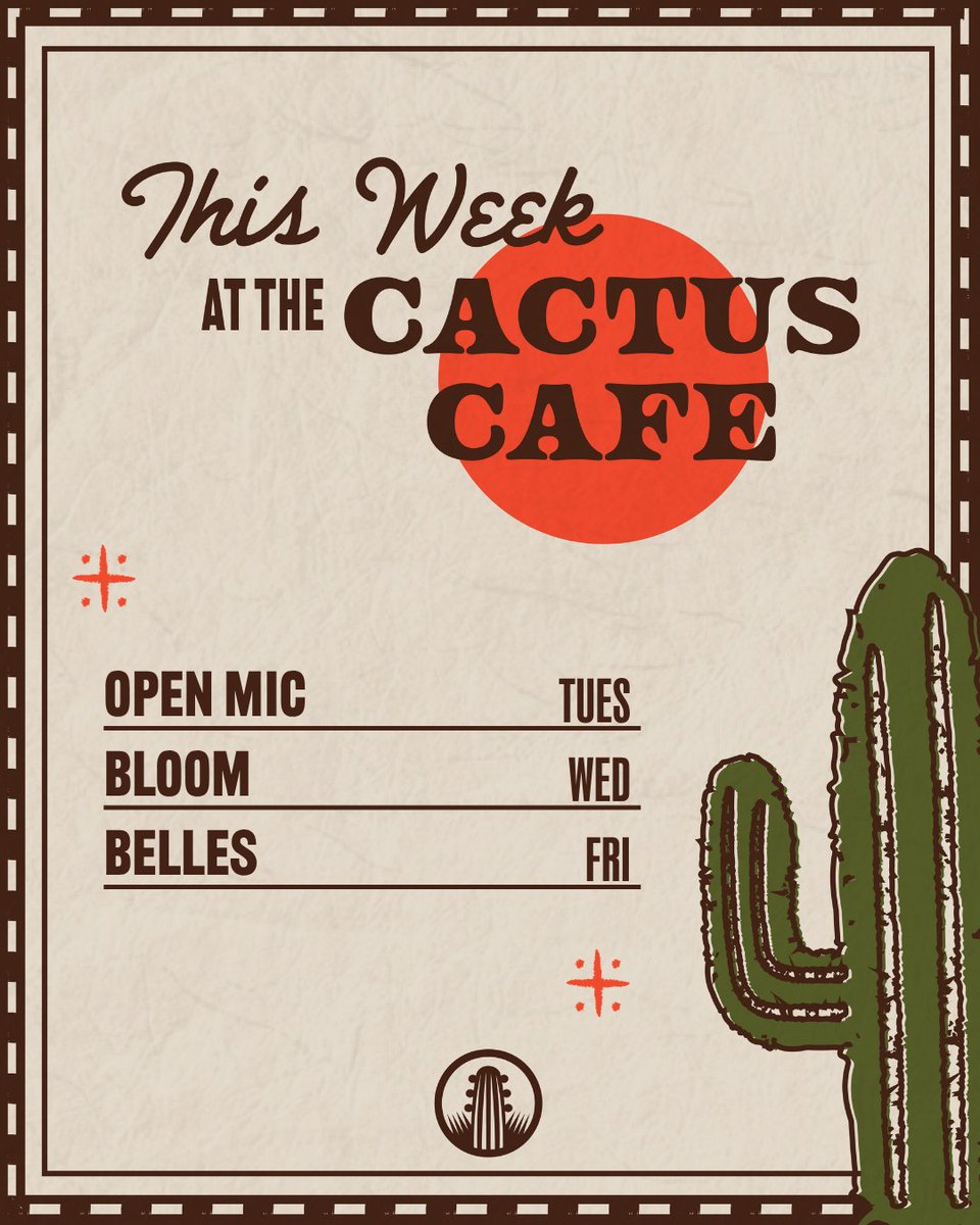 cactuscafeatx's tweet photo. There's something for everyone at the Cactus this week.
• Tues: Open Mic
• Wed: Bloom (free show)
• Fri: Belles
Join us for another great week of music. Get your tickets for Friday: https://t.co/vK5qYauUUd
#UTEvents #LiveMusic #AustinMusic #UTAustin #MeetMeAtTheCactus https://t.co/WFvmAUHal7
