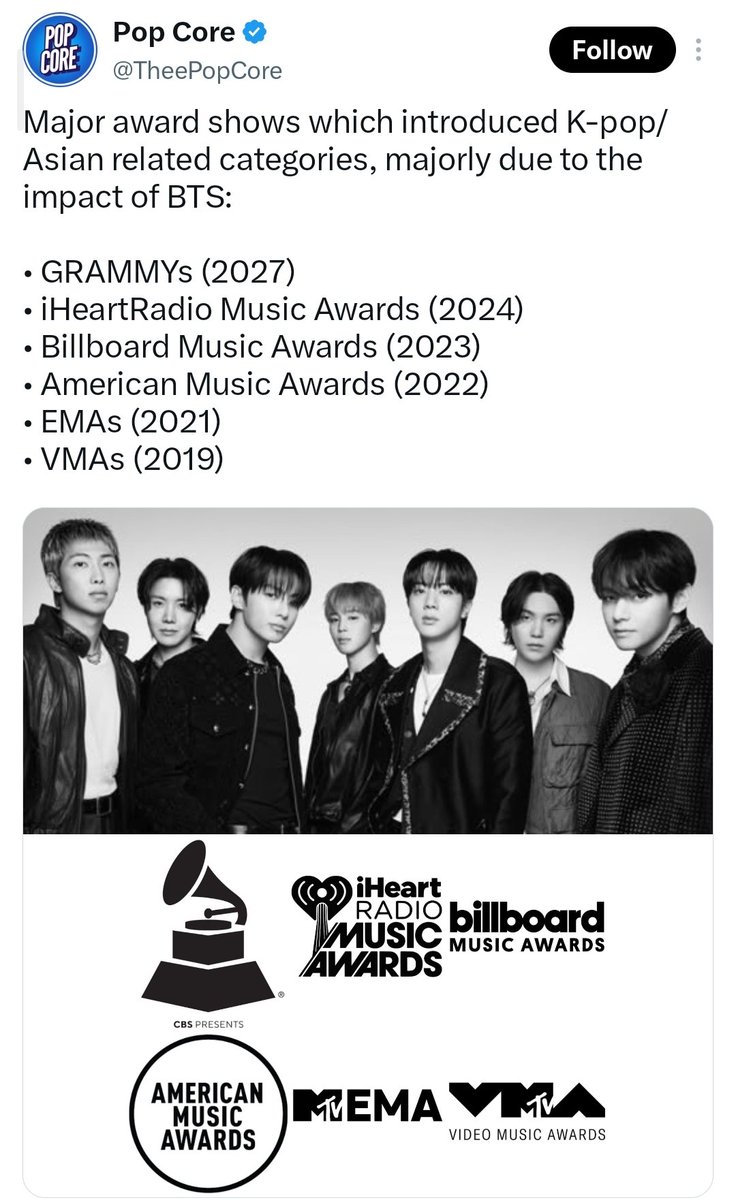 amlysbang's tweet photo. Okay so I think it's important to point this out and I'm glad that this conversation is now taking place outside of the fandom too.

The Recording Academy's "Asian Pop" category did not appear out of nowhere. It's the latest step in a pattern that has been building for years and ARMY has been warning about it long before anyone else was paying attention.

For years, we've questioned the way BTS has been repeatedly placed into "K-pop" categories by Western award shows and platforms. Not because BTS is ashamed of being Korean, but because "K-pop" is not a musical genre in the way pop, hip-hop, rock, or R&B are. It is an industry label. BTS's discography spans hip-hop, pop, R&B, alternative, EDM, rock, jazz, folk, and so much more. Reducing all of that to "K-pop" says NOTHING about the music itself.

Think about it: there is no "European Pop" category. There is no "American Pop" category. So why should artists be categorized by where they come from or the language they sing in rather than by the music they create?

The same mindset has shown up across the industry. Dedicated "K-pop" playlists have grouped together songs solely because they're in Korean, even when they belong to completely different genres. BTS' albums with diverse musical styles have been shelved under "K-pop" as though language alone defines the sound. That has always been the issue.

So no, the Recording Academy's "Asian Pop" category is not some shocking, isolated decision. It is the culmination of years of treating Asian artists as a separate lane instead of simply recognizing them as artists. The only difference is that now the segregation has become impossible to ignore.

And maybe it's finally becoming obvious why ARMY has been saying for years: BTS isn't asking to be separated. They're asking to be judged by the same standards as everyone else.

#ArtHasNoAliens