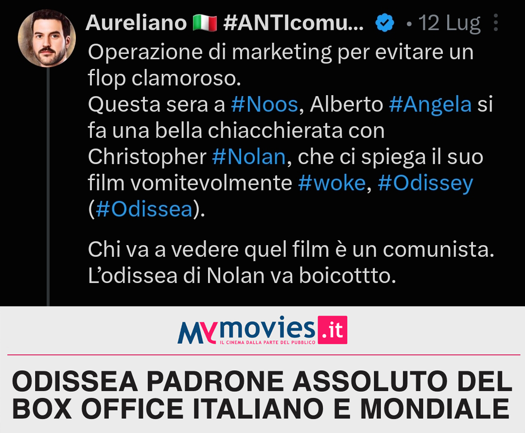 grande_flagello's tweet photo. L'Odissea di Nolan, il "flop clamoroso" che secondo Aureliano aveva bisogno della pubblicità di Rai 1, è ufficialmente il migliore incasso 2026 di un film straniero in Italia con 32 milioni. È il luglio più ricco di sempre da quando esiste il Cinetel. Portate i sali ad Aureliano. https://t.co/LLhWSBVlrx