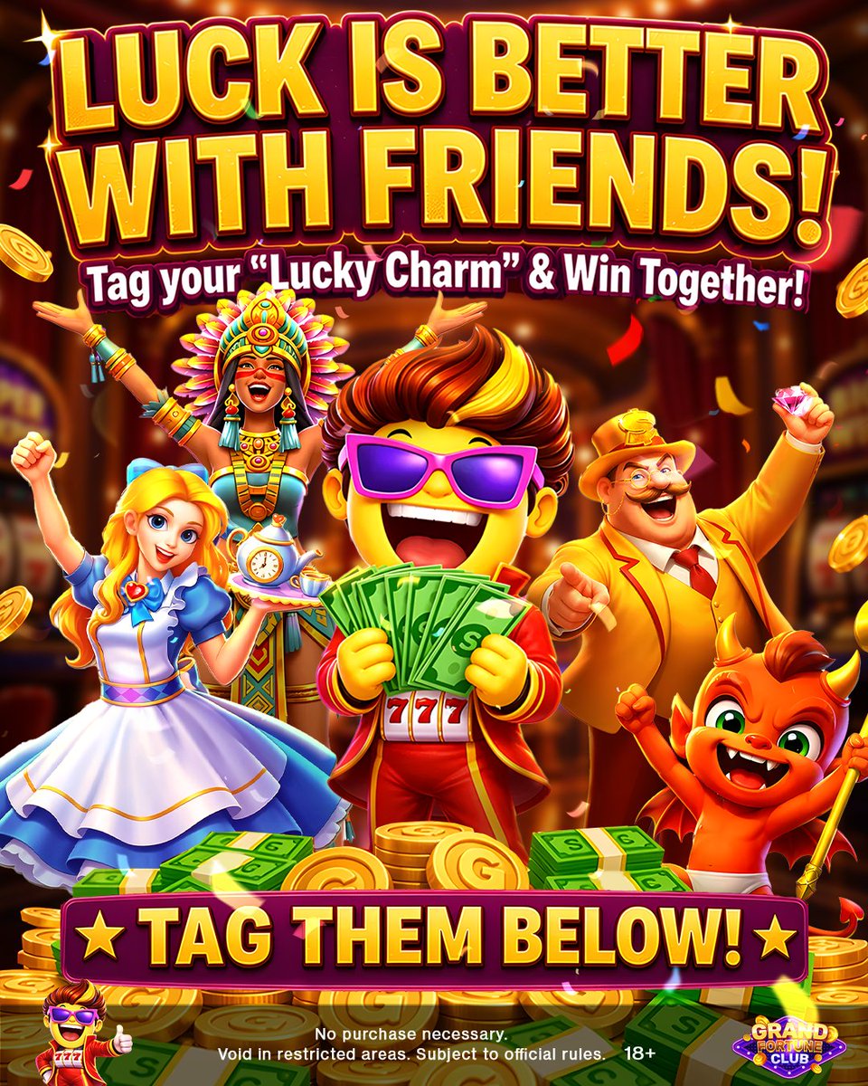 getgrandfortune's tweet photo. 🎁 WIN TOGETHER! 🤝✨
Who’s your "Lucky Charm"? 🍀 Tag them below for a chance to win FREE SC! 🎁💰
Join the fun: 👇
https://t.co/D2hL25jEUy
#GrandFortuneClub #FriendshipDay #OnlineCasino #Sweepstakes https://t.co/OYS32Vq3LX