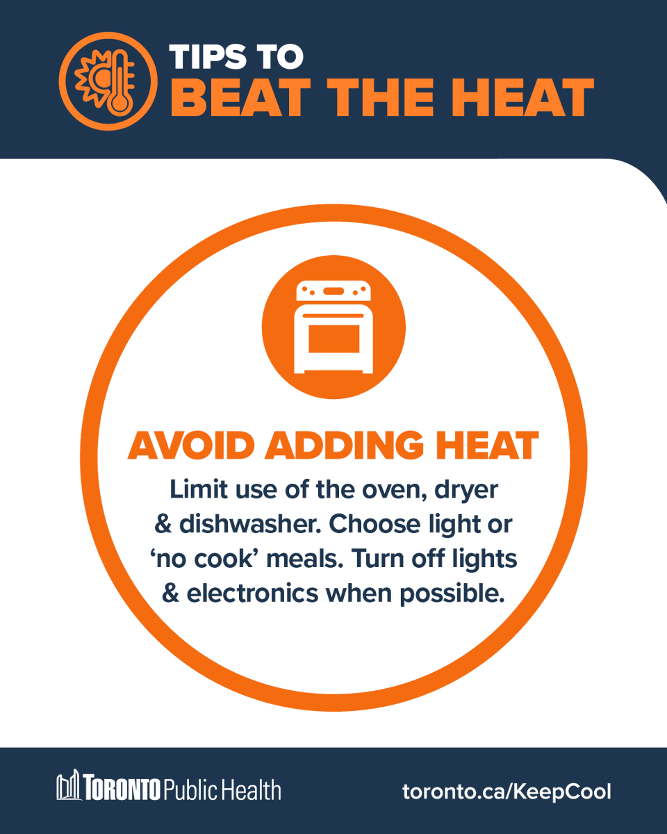 TOPublicHealth's tweet photo. Here’s a tip to help #KeepCool at home: avoid adding extra heat. 🔥
🎛️ Limit using the oven, dryer & dishwasher
🥗 Choose light or ‘no cook’ meals
💡 Turn off lights & electronics when possible
Get more tips: https://t.co/6Js6FmhN2z https://t.co/pFhkjQMDkN
