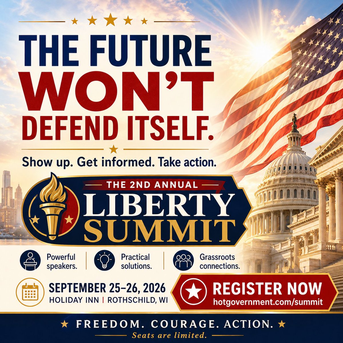 hotgovernment1's tweet photo. The future won’t defend itself.

Protecting freedom requires more than concern. It requires informed citizens who are willing to show up, understand the issues, connect with others, and take action.

Join us at the 2nd Annual Liberty Summit for two powerful days of speakers, practical solutions, and grassroots connections designed to help everyday Wisconsinites make a meaningful difference.

September 25-26, 2026
Holiday Inn | Rothschild, Wisconsin
Register now: https://t.co/5qwbTNeCXp

Show up. Get informed. Take action.

Sponsored by H.O.T Government & The Wisconsin Conservative Digest
