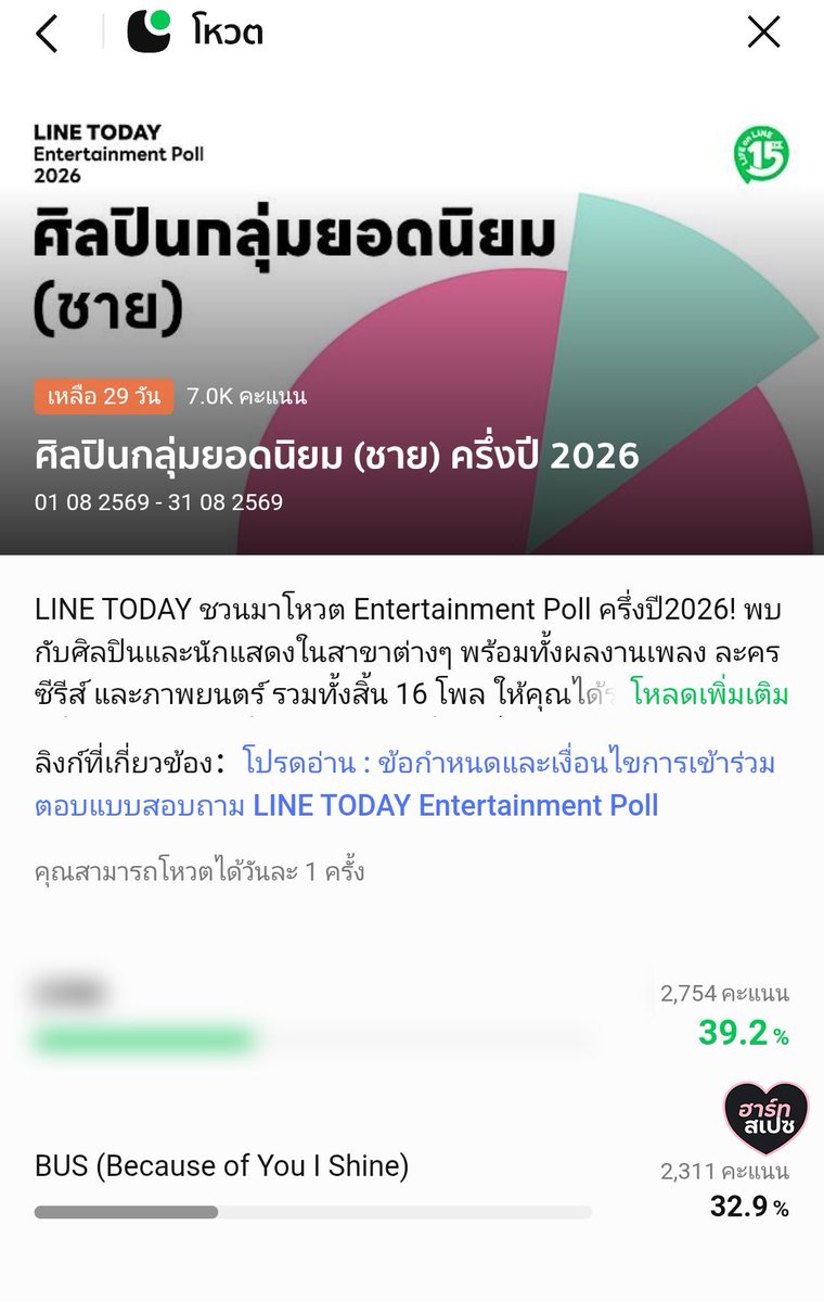 HeartspaceTH's tweet photo. [🗳️]

✨ มาร่วมโหวต BUS (Because of You I Shine) ในสาขา ศิลปินกลุ่มยอดนิยม (ชาย) ครึ่งปี 2026 บน LINE TODAY Entertainment Poll เพื่อส่งกำลังใจให้ BUS กันนะคับ 💙

💗 ช่องทางการโหวต
🔗 : LINE TODAY Entertainment Poll : https://t.co/hiW0gdfxoQ
🗳️ โหวตได้ วันละ 1 ครั้ง

⏰ : ปิดโหวต 31 สิงหาคม 2569

มาโหวตให้ BUS กันเยอะ ๆ นะคับ 🫶🏻

#HEARTchuthiwat
#BUSbecauseofyouishine
#VoteforHeartCHU
#VoteForBUS