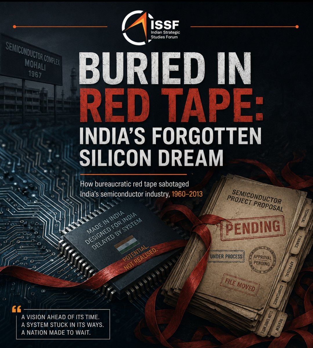 ISSF_India's tweet photo. Buried in Red Tape: India’s Forgotten Silicon Dream 🇮🇳💻

How India was perfectly poised to be the world's semiconductor powerhouse decades before Taiwan or Vietnam - but bureaucratic arrogance, red tape, and policy paralysis killed it.

A thread on the decades of lost opportunities 🧵👇