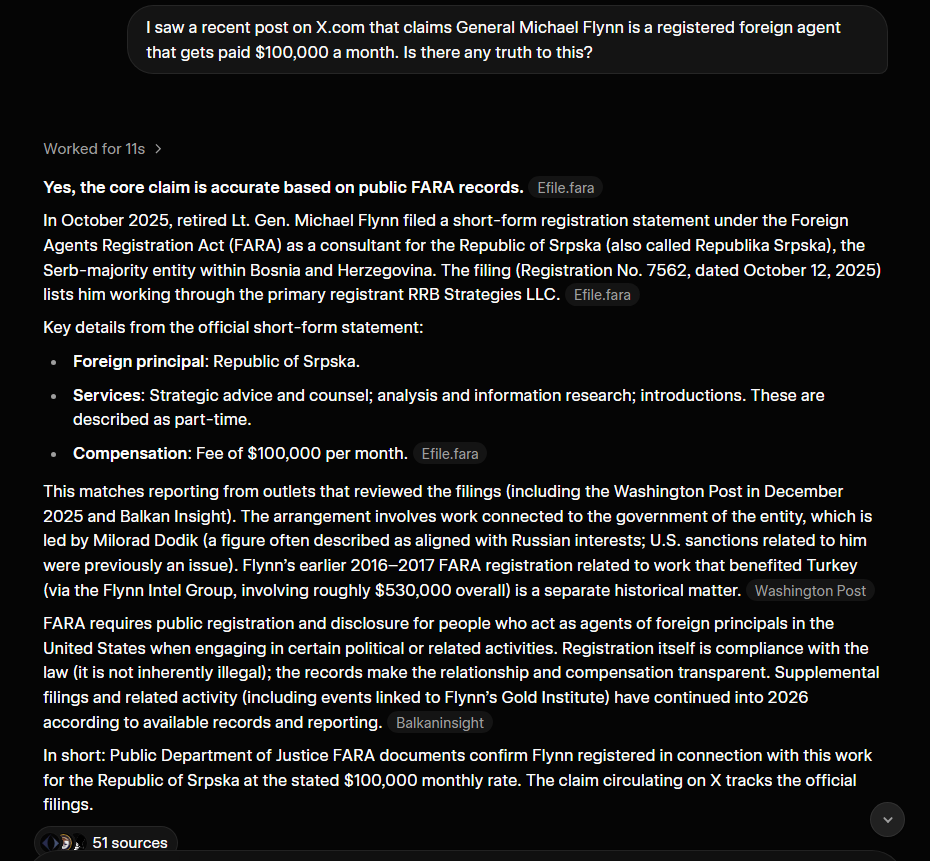 drawandstrike's tweet photo. Although it may be an uncomfortable fact for some, it's been a matter of public record since October of last year that General Flynn is a paid foreign agent of the Republic of Srpska. 

It has been a matter of public record that he is compensated $100,000/month for his part-time contracted work and that since October, with the initial payment, he may have earned as much as $900,000 as a foreign agent for Srpska. 

[There's a lot of variables to this kind of thing - just because you **contracted** to earn such a rate of compensation per month does not automatically mean the client meets that rate every month]

Whatever you  may think about this - I'll keep my thoughts to myself for now - he did it the right and proper legal way.  

He earned this money legally. He filled out all the proper forms and he notified all the proper authorities that he was now a contracted foreign agent for a foreign nation. 

Legally he did not a single thing wrong here. 

There are a lot of people out there who are NOT doing it legally.  

That is, they are NOT notifying the proper authorities and filling out the proper forms to be registered foreign agents.  

You're gonna be surprised when you find out how many of these people are in the 'Conservative Media Inc.' or the 'Alt Right' space are taking the sweet, sweet foreign cash under the table without registering or even bothering to inform their audiences they've been doing this.  

https://t.co/6tkBzbbLDv