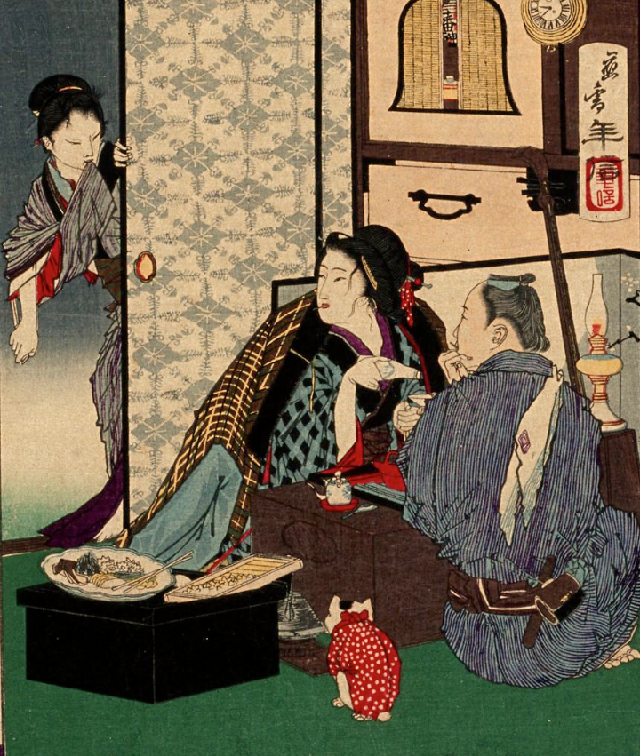 LfXAMDg4PE50i9e's tweet photo. 芸者にうつつを抜かす夫の所に、刃物を携え妻が押し掛ける場面を描いた絵です。1878年の朝野新聞の挿絵で、実際に会った事件の再現と思われます、しかし、この事件の事は比較的私はどうでもよろしいです。

問題は画面中央下の猫さん。猫に服を着せるという行為は現代のものと認識していたのですが↓ https://t.co/tCkt1wuovU