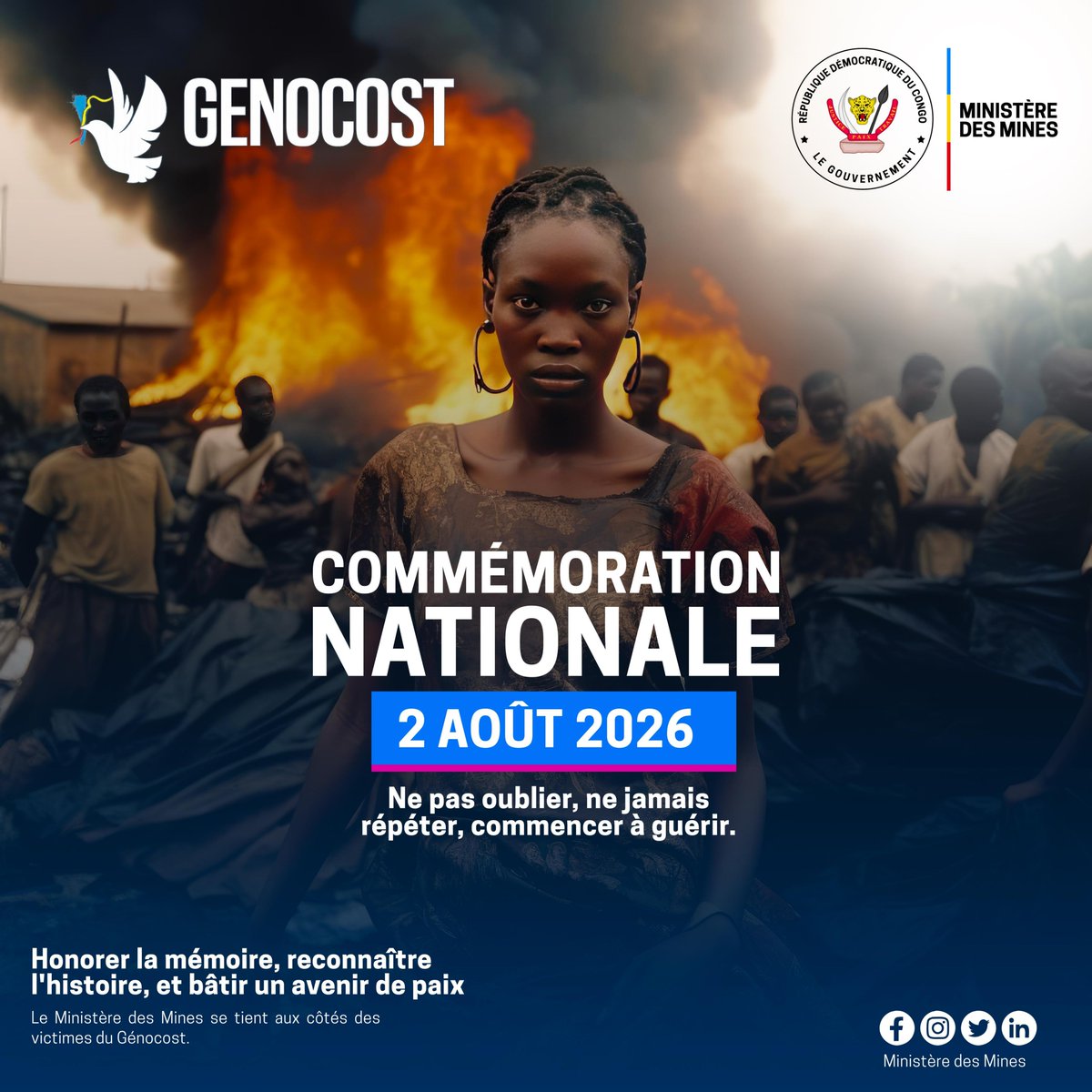 MinMinesRDC's tweet photo. #RDC_MINES | 02.08.2026
En ce jour de commémoration du #GENOCOST🕊, le Ministère des Mines s’incline avec respect devant la mémoire des millions de victimes congolaises tombées dans l’ombre de l’exploitation et des conflits.

Nous affirmons notre engagement pour une gouvernance minière responsable, éthique et au service de la dignité humaine.

Ne pas oublier, ne jamais répéter, commencer à guérir.