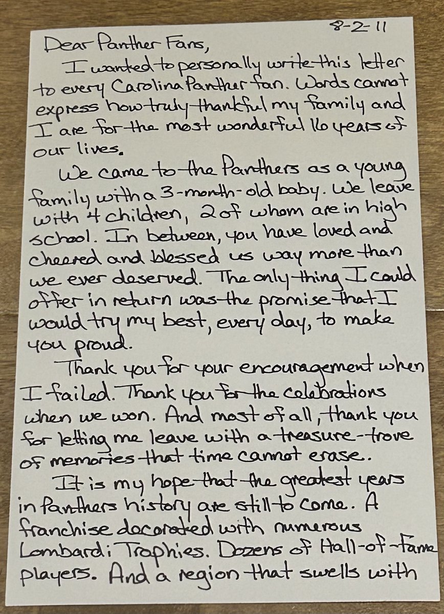 scott_fowler's tweet photo. 15 years ago today, one of my favorite Panthers of all time - kicker John Kasay - wrote a letter to the team's fans.
Kasay then dropped the letter off to me at work - I had covered his entire career with Carolina, which began in 1995 - and asked me to publish it in full in @theobserver. 
Which we did.
I saved the letter and came across it a few days ago. The way Kasay handled a difficult situation - it should be taught in college classes. 
For background, the team's all-time leading scorer had just gotten fired, as the Panthers decided to go with Olindo Mare as their kicker in 2011 instead. Yet Kasay took the high road throughout his 257-word letter. 
If you've forgotten what grace and class look like in today's difficult times, treat yourself to another glance at Kasay's letter. 
And remind yourself - and those around you - about the simple power of a handwritten thank-you note.