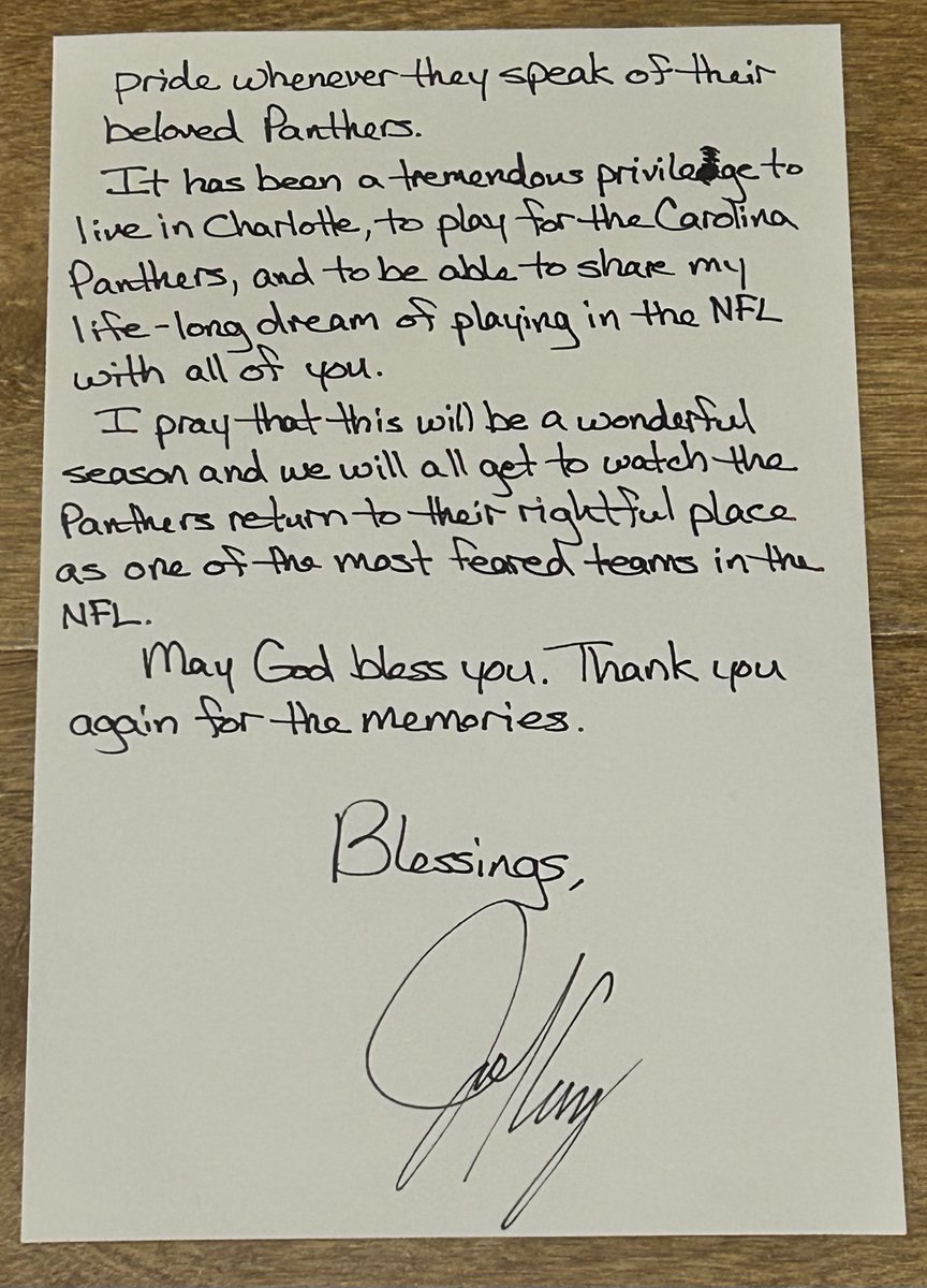 scott_fowler's tweet photo. 15 years ago today, one of my favorite Panthers of all time - kicker John Kasay - wrote a letter to the team's fans.
Kasay then dropped the letter off to me at work - I had covered his entire career with Carolina, which began in 1995 - and asked me to publish it in full in @theobserver. 
Which we did.
I saved the letter and came across it a few days ago. The way Kasay handled a difficult situation - it should be taught in college classes. 
For background, the team's all-time leading scorer had just gotten fired, as the Panthers decided to go with Olindo Mare as their kicker in 2011 instead. Yet Kasay took the high road throughout his 257-word letter. 
If you've forgotten what grace and class look like in today's difficult times, treat yourself to another glance at Kasay's letter. 
And remind yourself - and those around you - about the simple power of a handwritten thank-you note.
