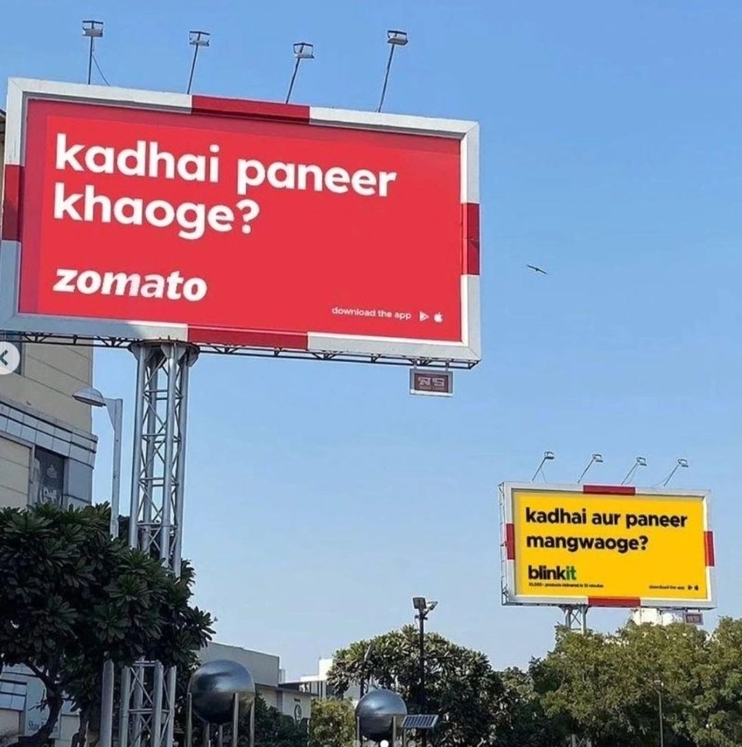 Ashiq__Naik's tweet photo. Some of the best marketing doesn't scream. It starts a conversation.

@zomato : "Kadhai paneer khaoge?"
@letsblinkit : "Kadhai aur paneer mangwaoge?"

The best campaigns aren't always the biggest. Sometimes, they're just the smartest and that gets remembered. https://t.co/i2IMhpLCWb