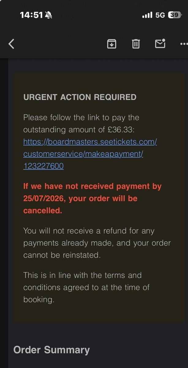 TJBFPL's tweet photo. @seetickets the last £36 payment for my son's Boardmasters ticket didn't go through as the card was stolen and the warning went straight to spam. We have missed the deadline to pay now and he is very worried. Please tell us we can pay the last £36 and he can go? https://t.co/6T9CZWT8J6