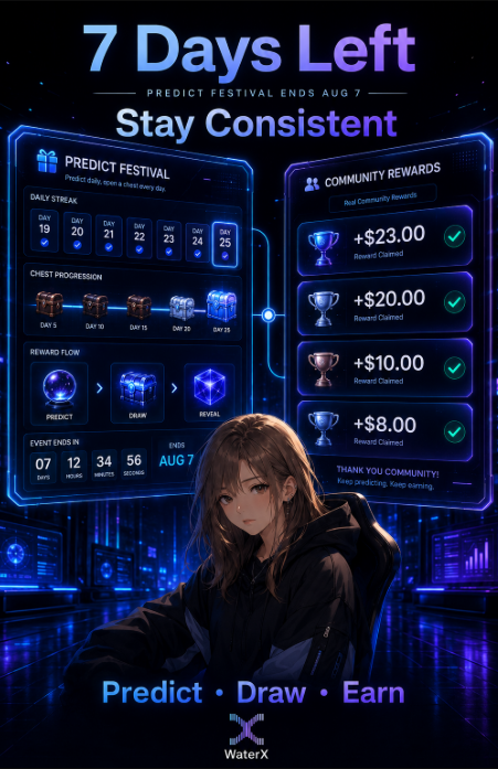 LisaJet34's tweet photo. The Predict Festival is entering its final stretch. 

Keep your streak alive, unlock more chests, and complete the latest Galxe tasks before the campaign ends.

7 days left. Stay Consistent. Predict • Draw • Earn.

#WaterX #Sui #PredictFestival https://t.co/IaqM8lRWfJ