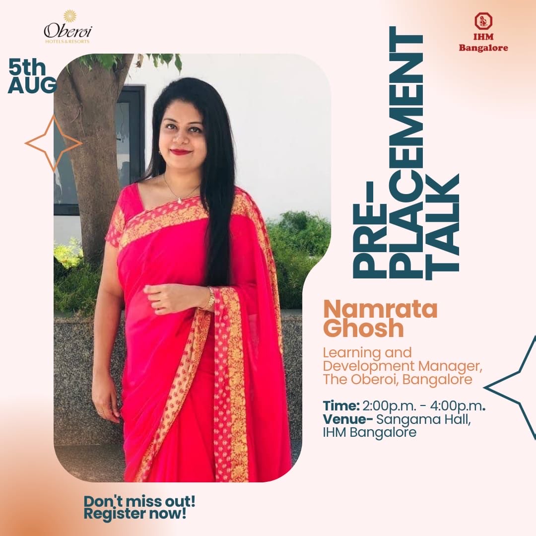ihmbengaluru's tweet photo. Learn. Grow. Succeed.
Take a step closer to your dream career with an exclusive pre-placement session by Ms.Namrata Ghosh,Learning &Development Manager, The Oberoi,Bangalore
Be there. Be prepared. Build your future.
#IHMBangalore #TheOberoi #PrePlacement https://t.co/XsbA3ftgSZ