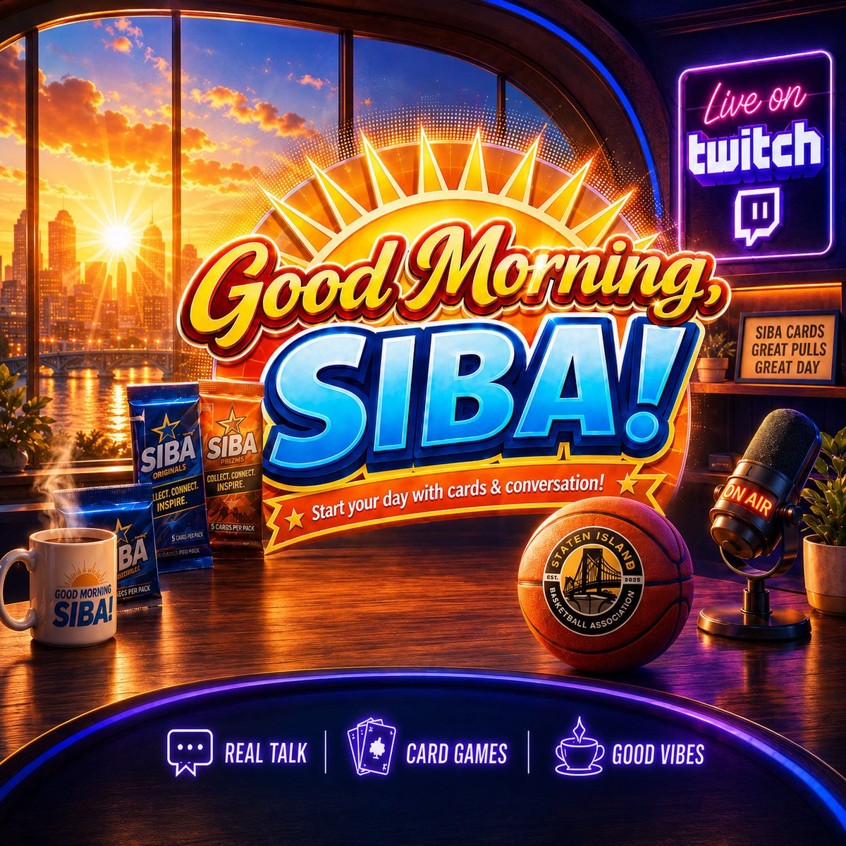 SIBACards's tweet photo. 🏀 Tune in tomorrow at 10 AM for Good Morning, SIBA! We’re talking about the brand-new SIBA cards coming soon, including new designs, players, special pulls, and more. Don’t miss the first look—live on Twitch! ☀️🃏 https://t.co/57mfiqB1Qn

#SIBACards #GoodMorningSIBA https://t.co/0nPZPv5ITg