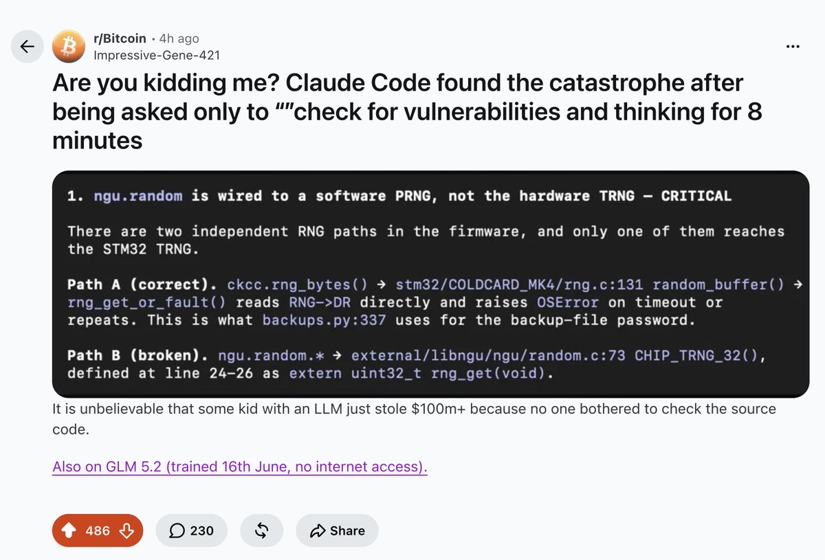 MedusaOnchain's tweet photo. this is insane

claude code found the COLDCARD wallet vulnerability with a single prompt, in just 8 minutes of thinking

we're not ready for what's coming https://t.co/wh1LtEWuje