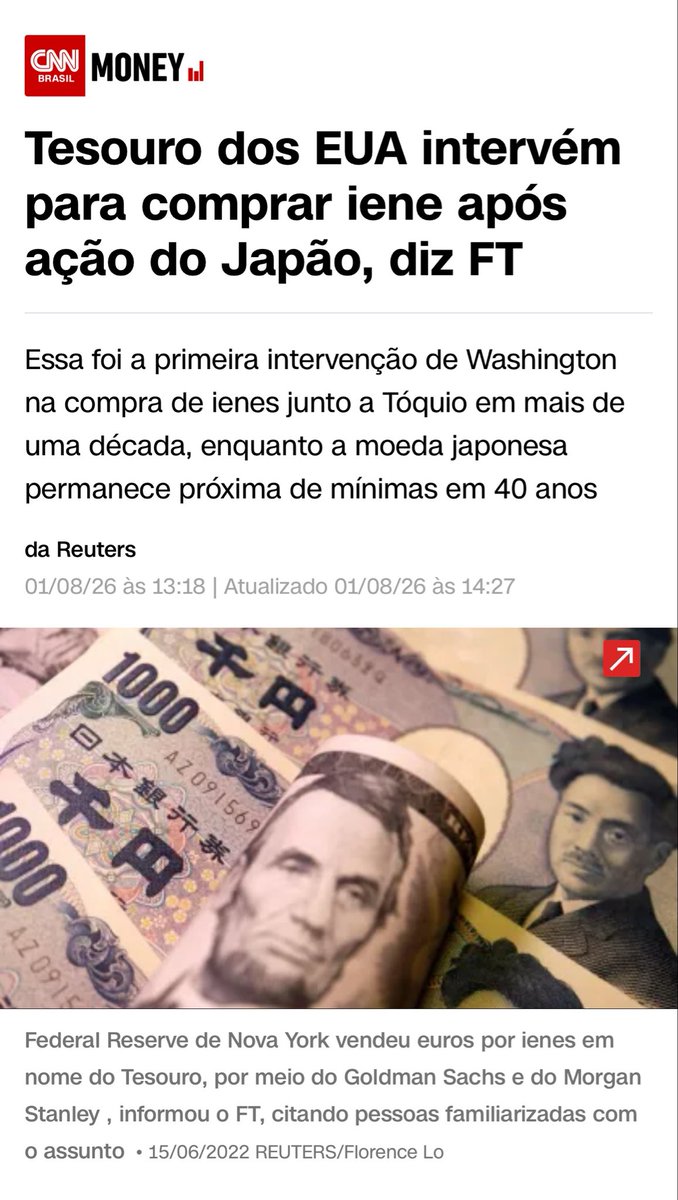 R38TAO's tweet photo. FED faz intervenção histórica - que não ocorria desde 1998 - vendendo EUROS para comprar IENES para defender a moeda japonesa.

O IENE estava nos mínimos em 40 anos em dólar.

Por que os EUA fariam isso?

1) iene fraco e dólar forte reduz exportações americanas para JP.

2) Evitar tarifas retaliatórias e guerra fiscal, já que o aumento no preço da energia advém de políticas dos EUA (no Irã e sanções a Rússia).

3) Colapso do IENE poderia desencadear colapso dos títulos dos EUA - Japão é o maior credor público dos treasuries.