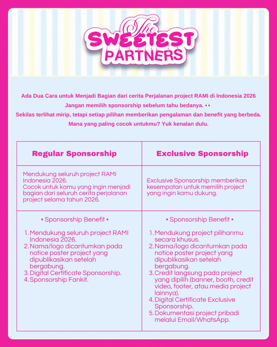 RAMI_INAA's tweet photo. THE SWEETEST PARTNERS 2026 IS NOW OPEN!
Bukan sekadar sponsor ini kesempatan untuk menjadi bagian dari project ulang tahun RAMI 2026 🩵
📩 Cek postingan di bawah untuk detail benefit & cara bergabung. Amankan slot sponsorshipmu sekarang!
#RAMI #라미 #BABYMONSTER #베이비몬스터 https://t.co/29Vw07jFEF