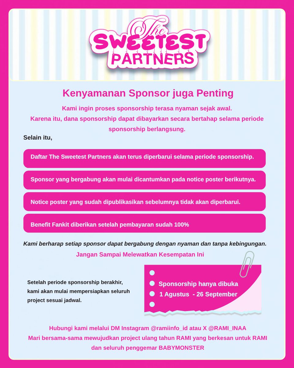 RAMI_INAA's tweet photo. Pilih:
💎 Regular Sponsorship (support semua project + benefit & fankit)
👑 Exclusive Sponsorship (nama/logo tampil eksklusif di project pilihan)
Kesempatan ini hadir dalam rangkaian project tahun ini
#RAMI #라미 #ラミ #BABYMONSTER #베이비몬스터 @YGBABYMONSTER_ https://t.co/3jZjXbhlSa