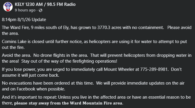 NevadaTalk's tweet photo. Wildfire 9 miles south of Ely. https://t.co/8QbjBihF9Z