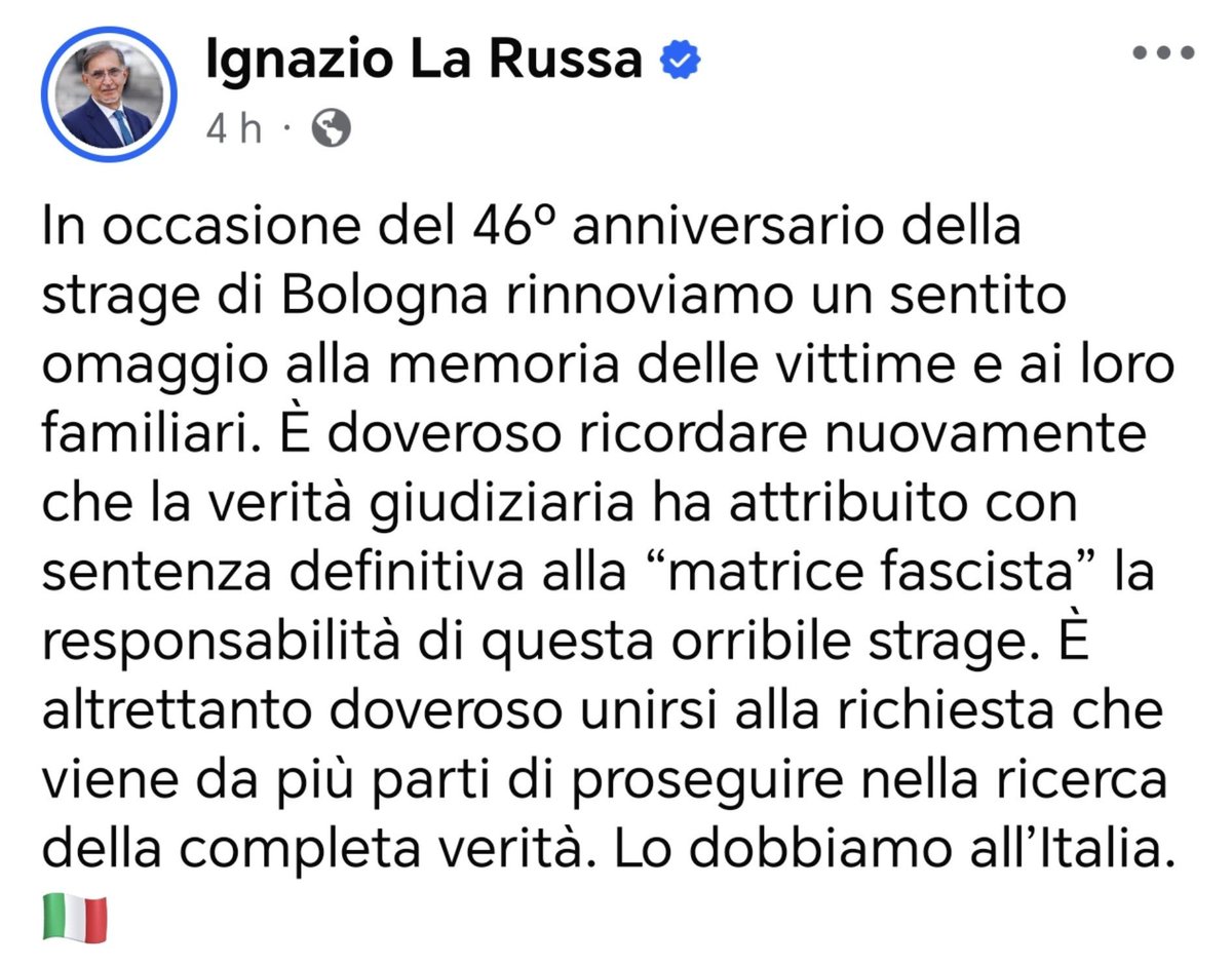 AlekosPrete's tweet photo. La seconda carica dello Stato che mette tra virgolette la "matrice fascista" della strage di Bologna. Vergogna senza fine. #matrice https://t.co/ZhiLn89i6r