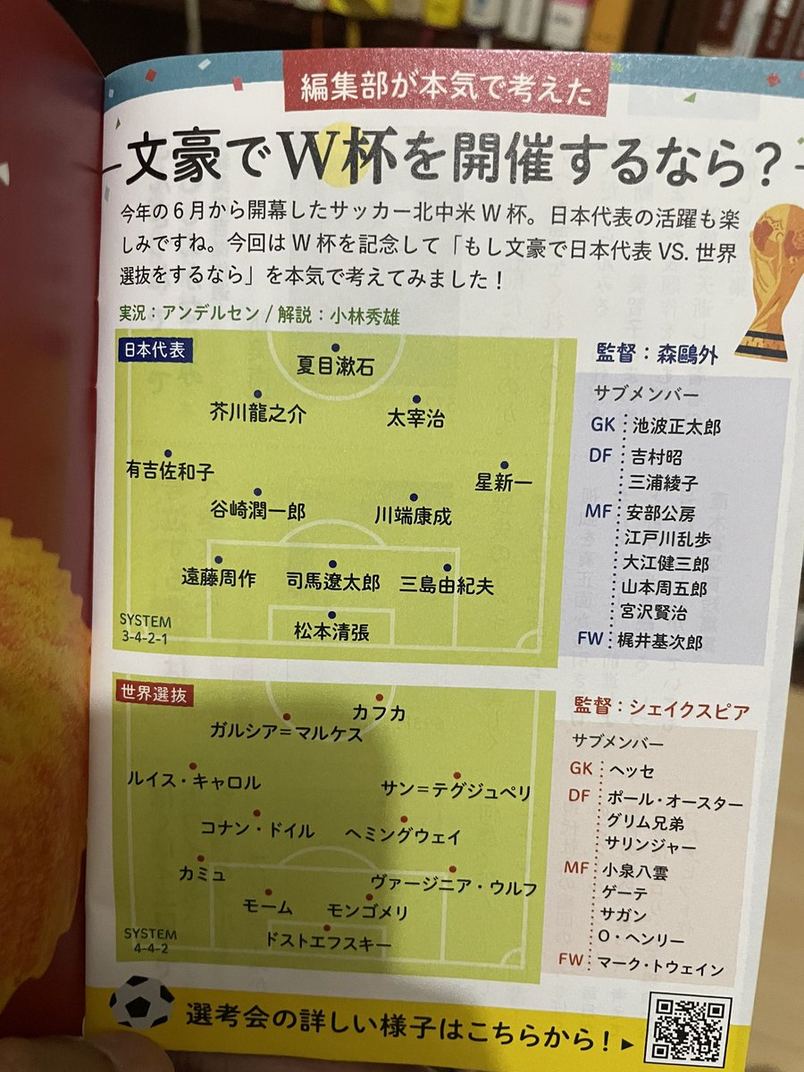 haikeiiii's tweet photo. Kalau Zen RS pernah buat skuad kesebelasan sepak bola yg berisikan para pahlawan RI, Shinchou Bunko membuat skuad kesebelasan yg diisi oleh para penulis Jepang melawan penulis dunia.

Daftarnya! 👇🏻 https://t.co/FCCSw1RWGo