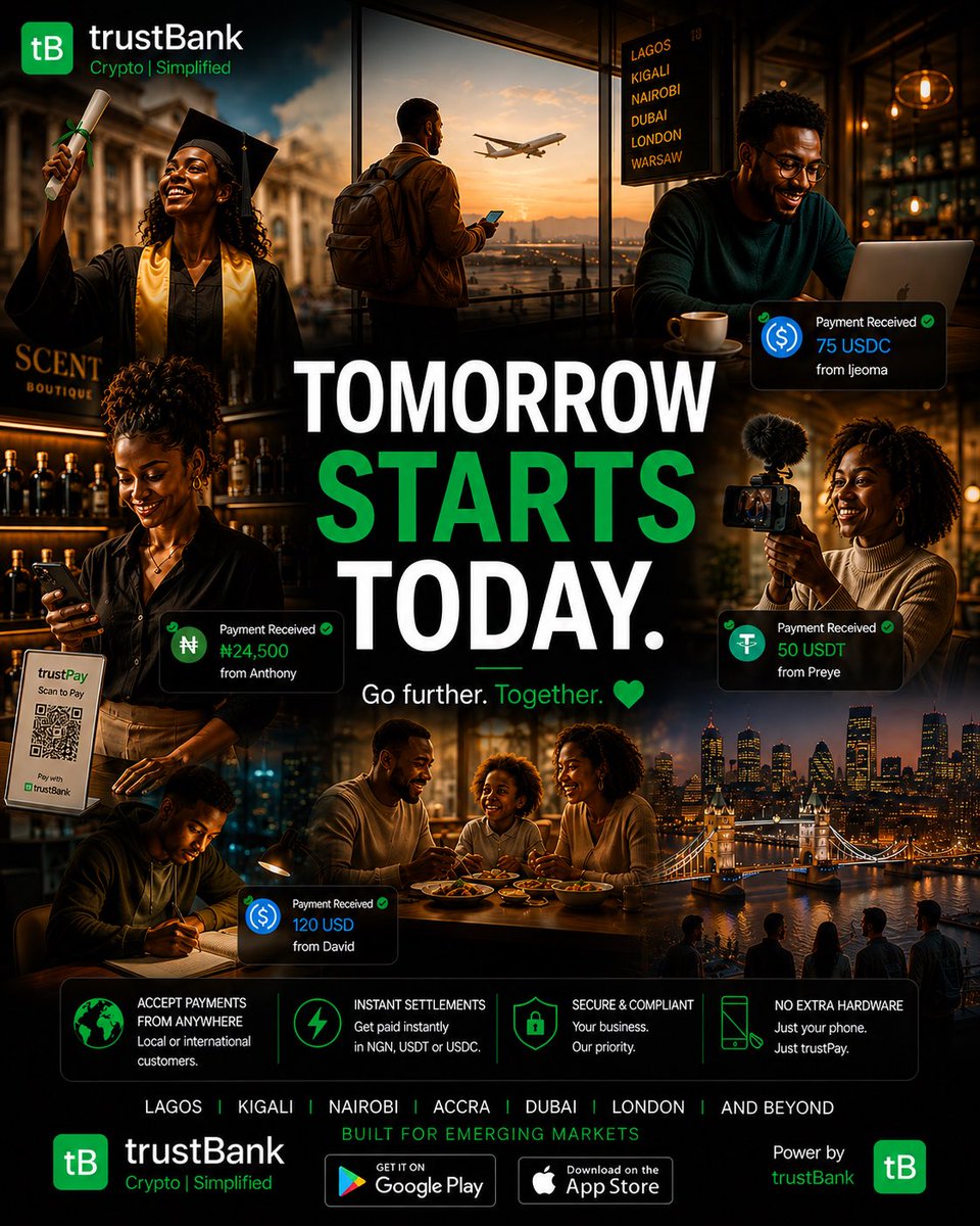 __theCEO's tweet photo. The best part of this week’s campaign?

We barely talked about trustBank.@trustbanktech 

We talked about people &amp; that’s exactly the point.

Tomorrow starts today.

Go further. Together. 💚

#Startup #Fintech #Africa #BuildingInPublic #stablecoins https://t.co/fG4PNx00vP
