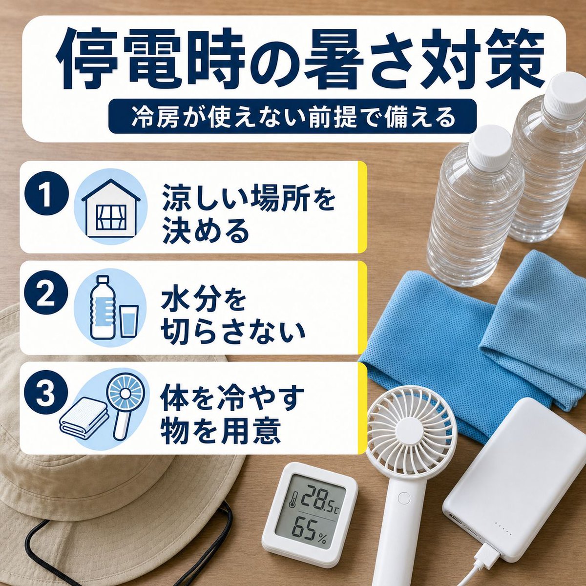 BASE202508's tweet photo. 今日の暑さで注意したいのは、
気温そのものだけではありません⚠️

停電した瞬間に、
「冷房で逃げる」という前提が崩れます。

特に確認したいのは👇

✅ 涼しく過ごせる場所を決める
✅ 水分を切らさない
✅ 保冷剤・冷たいタオルを用意
✅ 高齢者や子どもに声をかける

暑さ対策は、
電気が使える前提だけで考えないことが大事です。