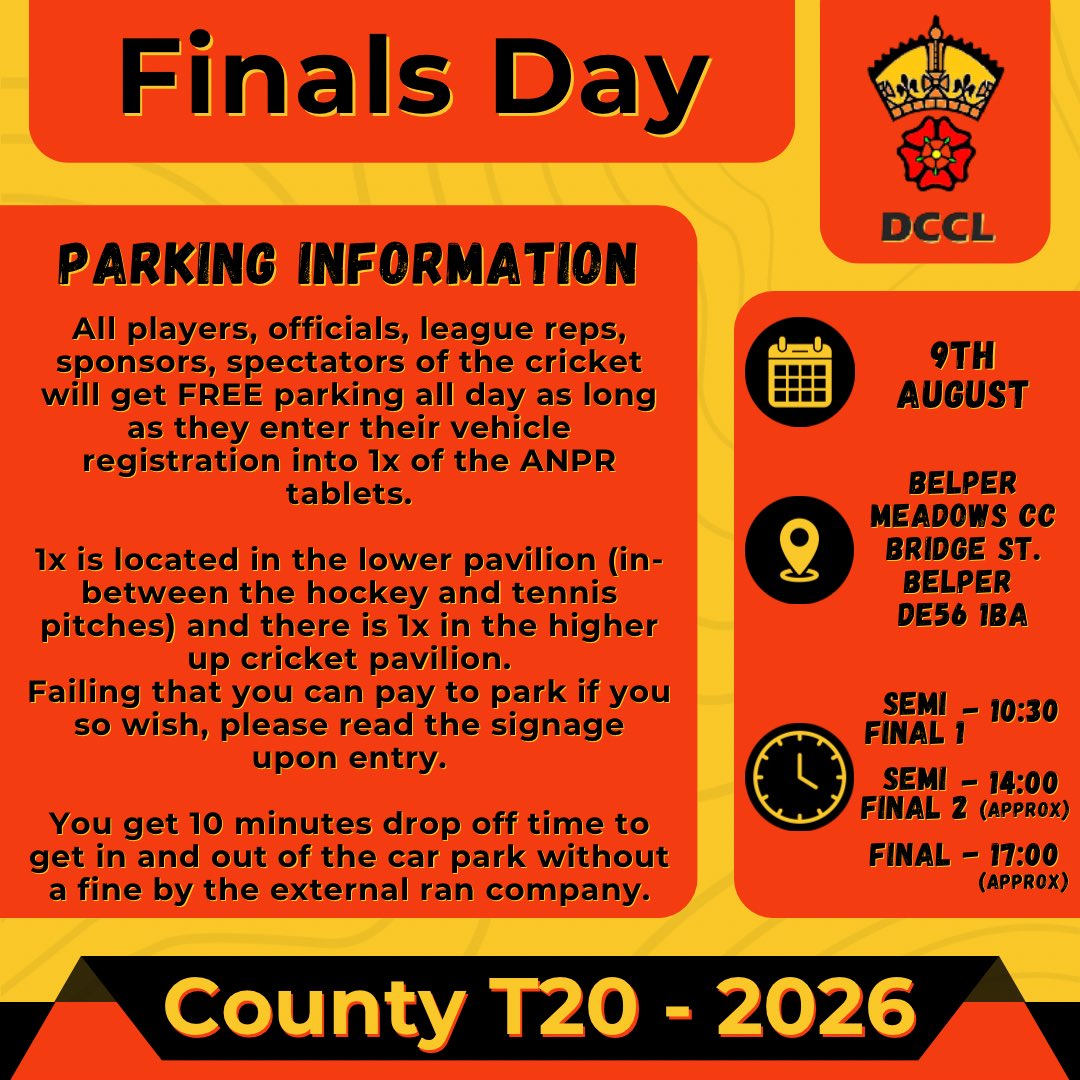 DerbysCountyLge's tweet photo. ๐ County T20 - 2026 ๐
1 week today ๐จ
Head down to @bmcc1880 for Finals Day, with @CliftonCricket, @AlfretonCC, @CongsCricket and @OfficialTutbury set to give us some thrilling T20 cricket! ๐๐ฅ
Please note the parking info ๐
ฟ๏ธโน๏ธ
#Cricket #t20cricket #derbyshire #finalsday https://t.co/A70PEhQxU1
