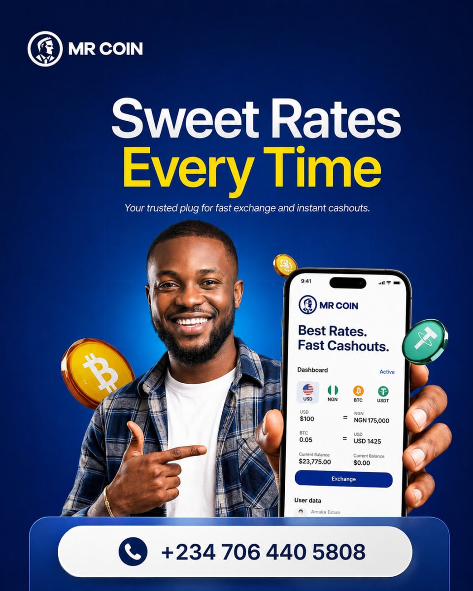 realmrcoin's tweet photo. Looking for an exchange plug that actually delivers on rates?

Mr COIN  gives you sweet rates every time, with fast exchange and instant cashouts whenever you need them.

No long stories, no back and forth, just clean swaps and quick cashouts from a plug you can trust.

Get started: https://t.co/WdDXspQCkM