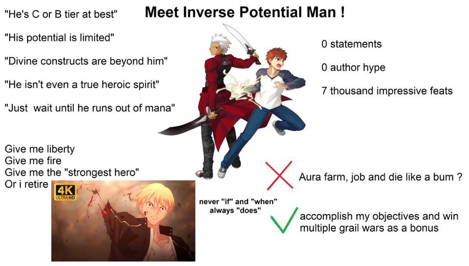valor_phoenix's tweet photo. I would once again like to point us back to this Meme right here, and just how CORRECT it is, My Goats ALWAYS meet they’re potential, Never “if” always “Has Done” or “Does” 😭🙏🏼🔥🔥🔥 #FGO   #FGO11周年  #emiyashirou #Fateseries #FateStayNight #Typemoon #Fgo   #FateGrandOrder https://t.co/HNc3OMAZLm