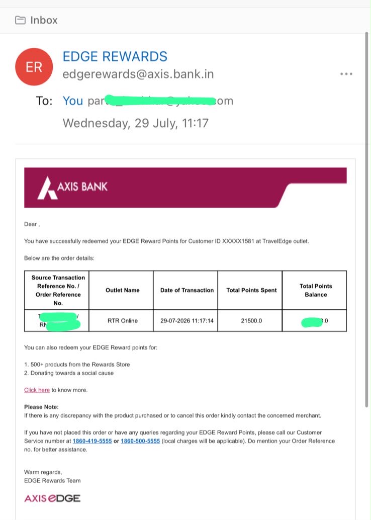 parthkochhar's tweet photo. Axis Edge Rewards → Air India Maharaja Club transfer datapoint.

Initiated: 29 July
Credited: 29 July (within a few hours)

Pretty much real-time.

Always reassuring when points land quickly, especially when you’ve already found the award availability you want. ✈️

In this case, the miles were transferred for a specific booking and ticketed almost immediately.

My favourite kind of transfer:

Find availability → Move points → Book ticket. ✅

#AirIndia #MaharajaClub #AxisBank #EdgeRewards #AwardTravel #FrequentFlyer