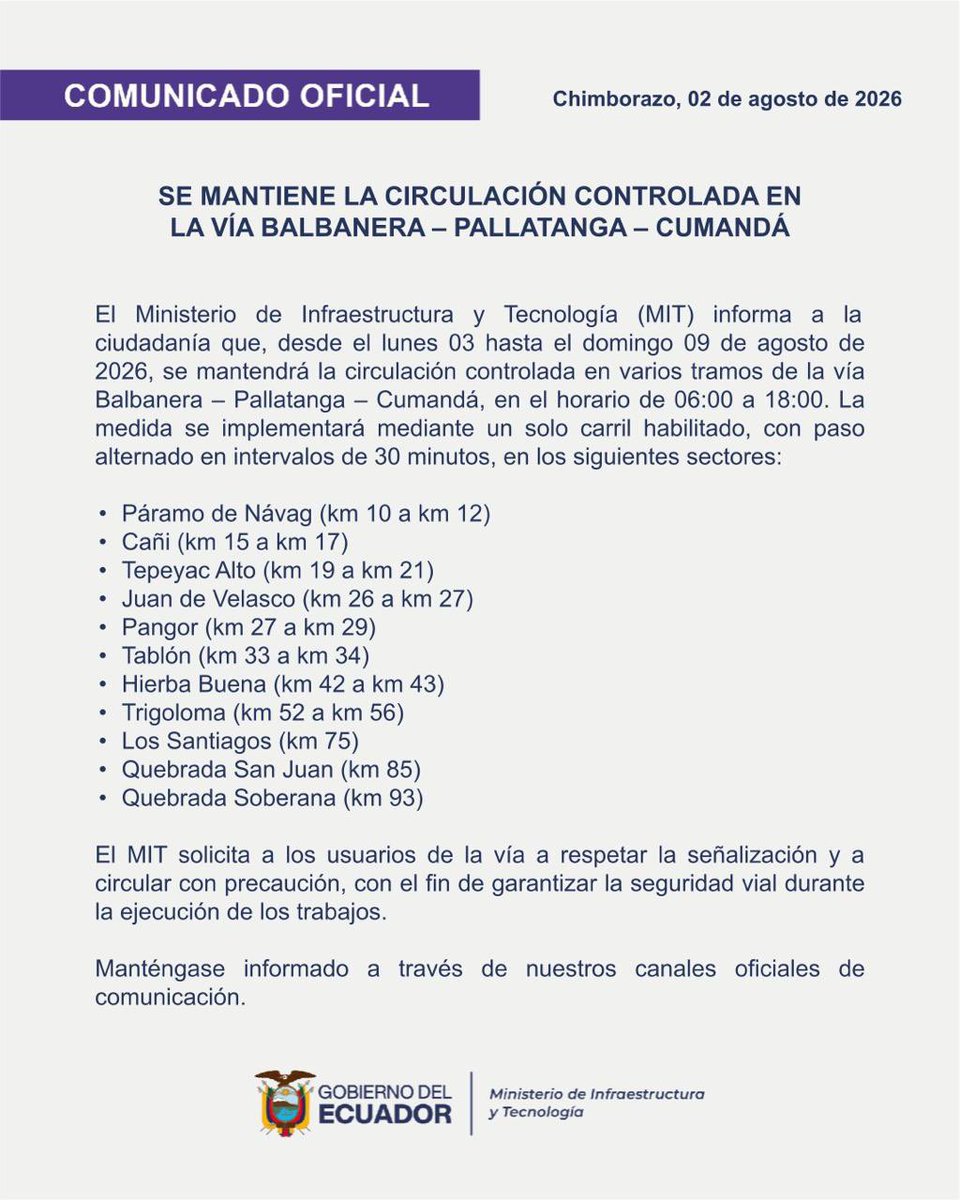 MIT_Ecuador's tweet photo. 🛣️ Avanzamos con los trabajos en la vía Guayaquil – Riobamba, tramo Balbanera – Pallatanga – Cumandá, para fortalecer la conectividad del país.

🚧 En los sectores intervenidos existe circulación controlada. 

Planifica tu viaje y respeta la señalización vial. 👇🏻 https://t.co/K3IhnOcoZw