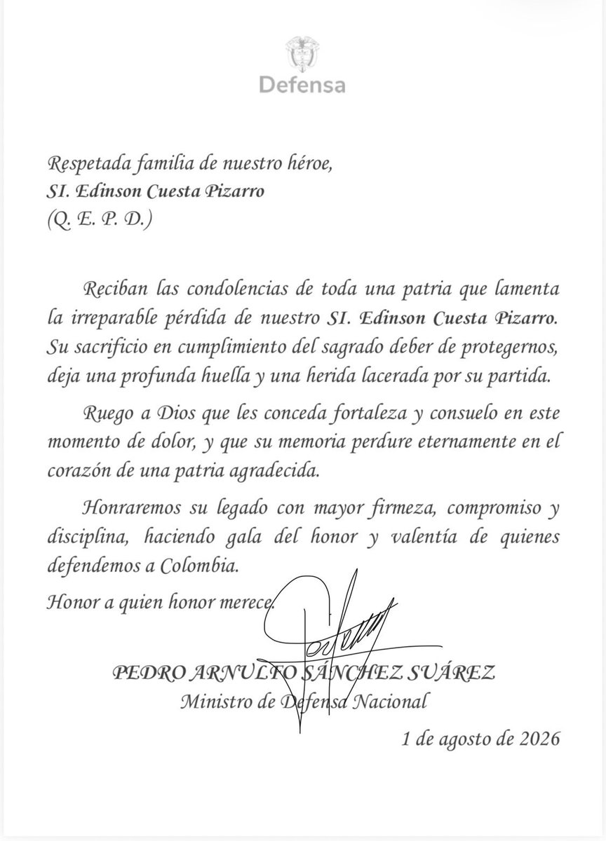 PedroSanchezCol's tweet photo. CUANDO 𝗔𝗧𝗔𝗖𝗔N 𝗔 𝗨𝗡 𝗣𝗢𝗟𝗜𝗖Í𝗔, ATACAN 𝗔 𝗖𝗢𝗟𝗢𝗠𝗕𝗜𝗔

Nuestros subintendentes Yeiferzon Meneses Aranda y Edinson Cuesta Pizarro fueron asesinados cobardemente mientras cumplían con su deber en Ataco, Tolima, protegiendo a los ciudadanos y defendiendo la seguridad de la comunidad.

Quienes cometen estos crímenes demuestran un profundo desprecio por la vida, por la autoridad y por Colombia. No doblegarán al Estado ni sembrarán miedo en nuestros territorios.

A sus familias y amigos, mi solidaridad, respeto y acompañamiento. Hoy honramos su memoria y el servicio que prestaron a la patria.

Los presuntos responsables intelectuales de este crimen serían alias “Chapolo”, por quien se ofrece una recompensa de hasta 200 millones de pesos, y alias “El Enfermero”, por quien se ofrecen hasta 100 millones de pesos. Ambos son peligrosos asesinos e integrantes de las disidencias de alias “Mordisco”.

Adicionalmente, se ofrece una recompensa de hasta 200 millones de pesos por información que permita identificar y capturar a los demás responsables de este vil asesinato.

La Fuerza Pública no descansará hasta ubicarlos, capturarlos y ponerlos a disposición de la justicia. El crimen jamás será la regla en Colombia.

El Estado somos todos… y los buenos somos más.

Denuncie y ayúdenos a combatir el crimen:

• Contra el crimen: 314 358 7212
• Líneas: 107 – 157
• GAULA: 147 – 165
• Reclutamiento de niños, niñas y adolescentes: 141

#SeguridadYDemocracia2026 🗳️
