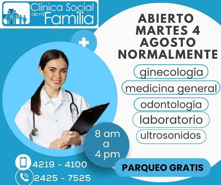 csdmfdemixco's tweet photo. *ABIERTO NORMALMENTE 4 DE AGOSTO*
Ginecología
Medicina General
Odontología
Pediatría
Laboratorio clínico
Ultrasonidos
Rayos X, Tomografía, Resonancias.

¡¡Amplio PARQUEO privado GRATIS!!

Consultas tel. 2425 7525 y WhatsApp 4219 4100. https://t.co/44EfECHfdv