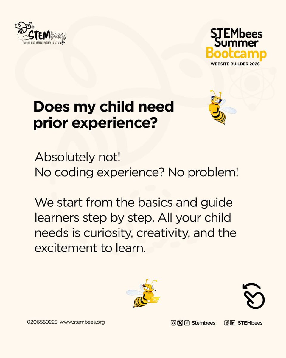 stembees's tweet photo. Got questions about the STEMbees Summer Website Builder Bootcamp? 

Swipe through our FAQs! No coding experience needed. Ages 8–16.

📞 0206559228

#STEMbees #SummerBootcamp2026 #STEMEducation #LearnCreateBuild https://t.co/Am10BeS36b