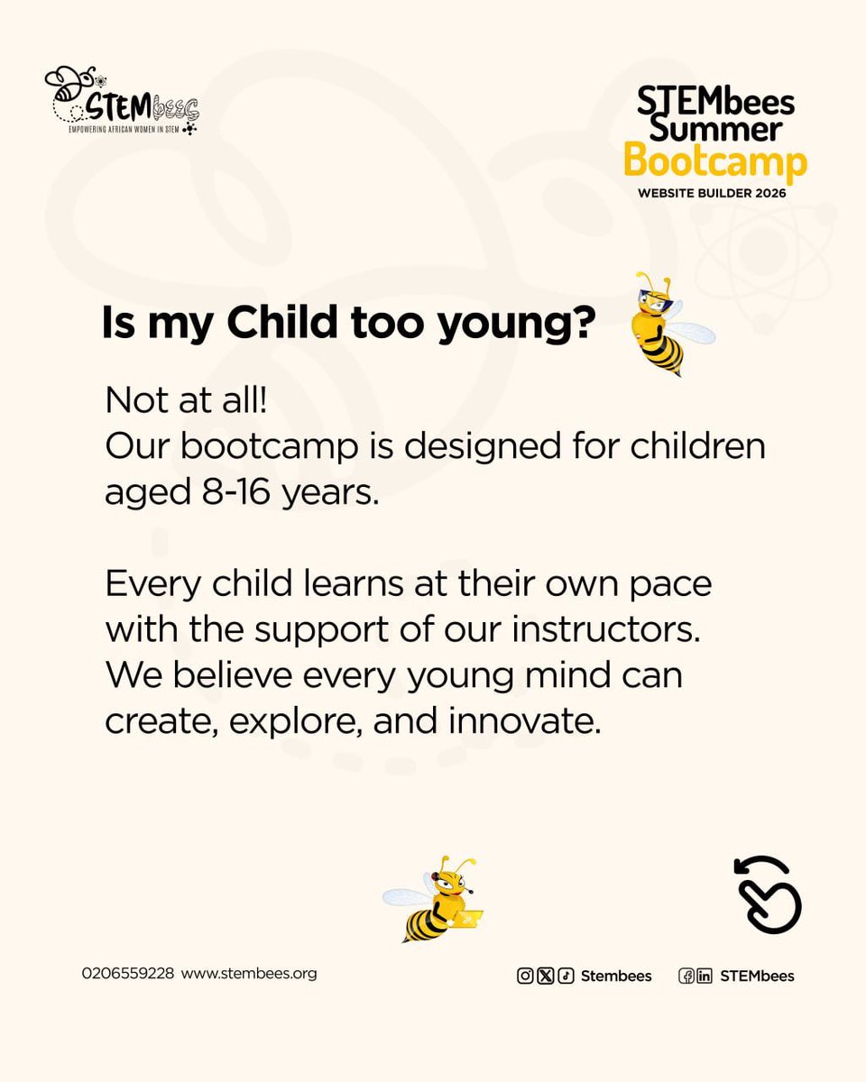 stembees's tweet photo. Got questions about the STEMbees Summer Website Builder Bootcamp? 

Swipe through our FAQs! No coding experience needed. Ages 8–16.

📞 0206559228

#STEMbees #SummerBootcamp2026 #STEMEducation #LearnCreateBuild https://t.co/Am10BeS36b