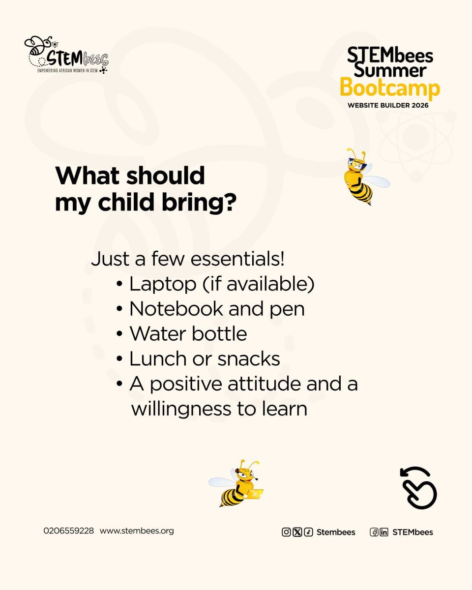 stembees's tweet photo. Got questions about the STEMbees Summer Website Builder Bootcamp? 

Swipe through our FAQs! No coding experience needed. Ages 8–16.

📞 0206559228

#STEMbees #SummerBootcamp2026 #STEMEducation #LearnCreateBuild https://t.co/Am10BeS36b